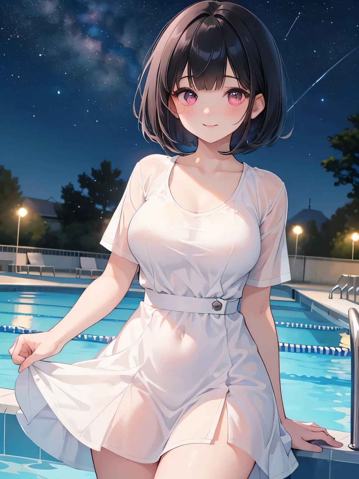 One girl、Beauty、Black Hair、Bob Hair、Soft hair quality、trimmed bangs、Pink eyes、Cute smile、A tight fitting T-shirt dress、Plain white T-shirt dress、Ample breasts、Beautiful thighs、Around 20 years old、The background is the pool、Beautiful starry sky