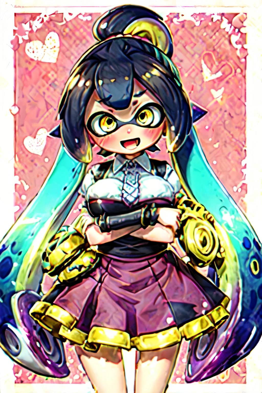 Real Anime、3D、masterpiece、highest quality、High resolution、Put your arms behind your back, Splatoon Girl, Black tentacle hair, Ponytail tentacle hair、Golden Eyes, sad, gigantic breast、Heart-shaped eyes、blush、Open Mouth Smile、Rouge、Virgin Killer Costume, High Waist Skirt、Micro Mini Skirt、