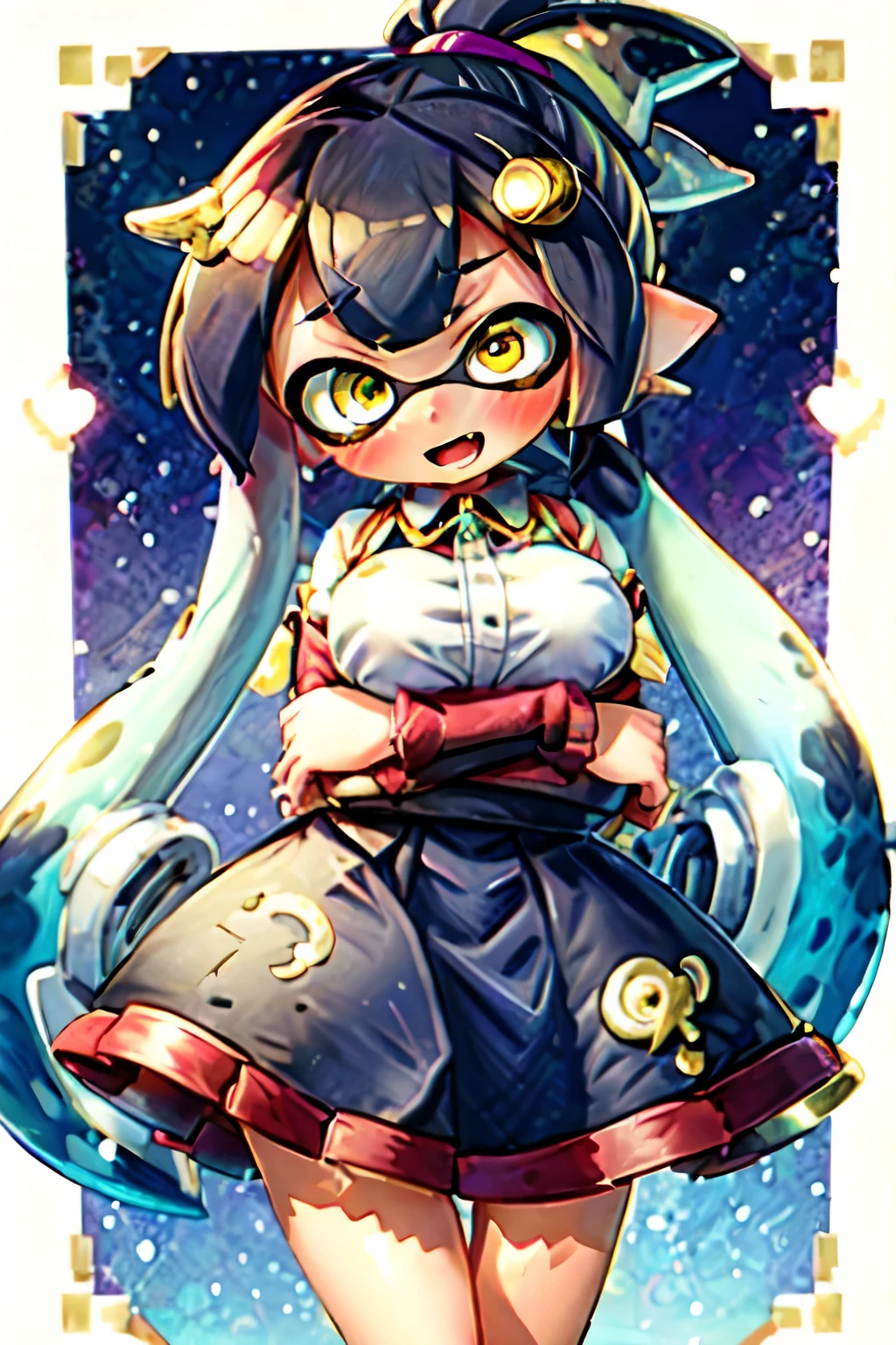 Real Anime、3D、masterpiece、highest quality、High resolution、Put your arms behind your back, Splatoon Girl, Black tentacle hair, Ponytail tentacle hair、Golden Eyes, sad, gigantic breast、Heart-shaped eyes、blush、Open Mouth Smile、Rouge、Virgin Killer Costume, High Waist Skirt、Micro Mini Skirt、