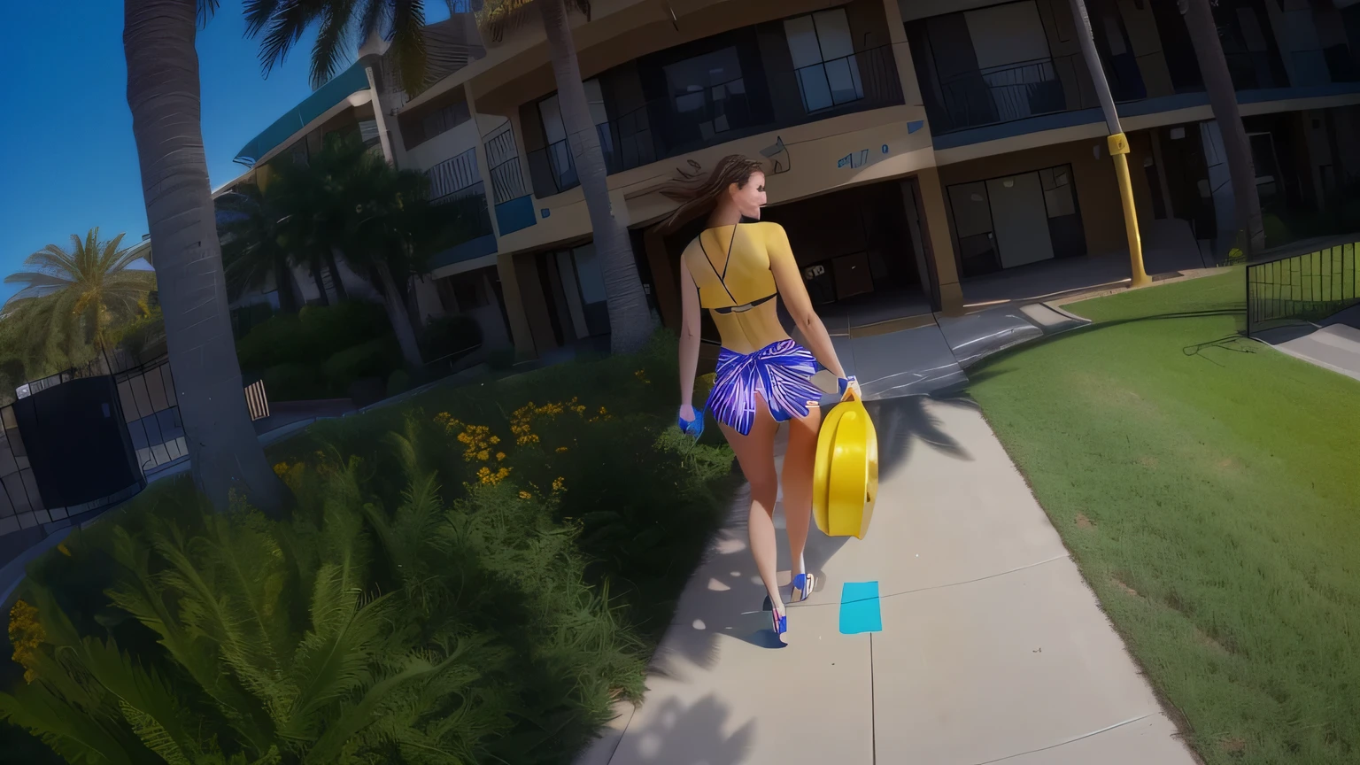 there is a woman walking down the sidewalk with a yellow frisbee, walking away from the camera, walking away from camera, shot on gopro9, taken on go pro hero8, walking towards camera, go pro footage, gopro footage, vacation photo, pov photo, next to a pool, walking towards the camera, in a yellow bikini, is wearing a swimsuit