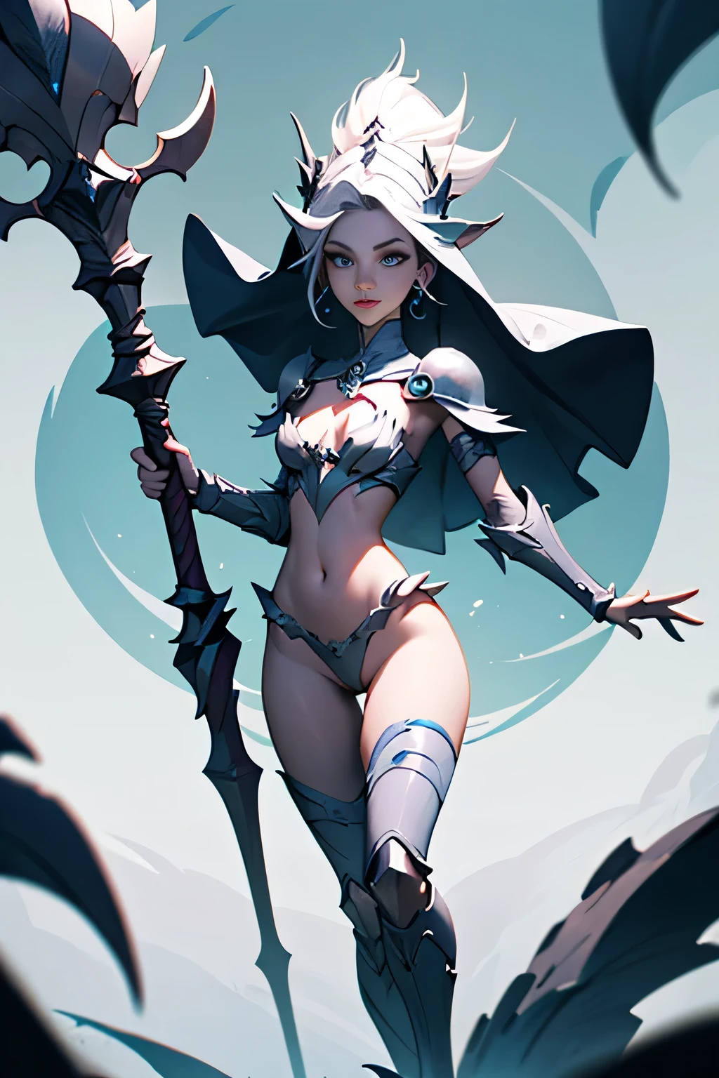 Gáe Bolg,Cartoon Style，Thick texture， [Full body portrait], Thigh gap.She wears white armor made of siren bones，The armor is covered with spikes，Just like Zyra in LOL，Holding a spear in hand，Half exposed chest and waist，There is a spiked white tail behind her butt.