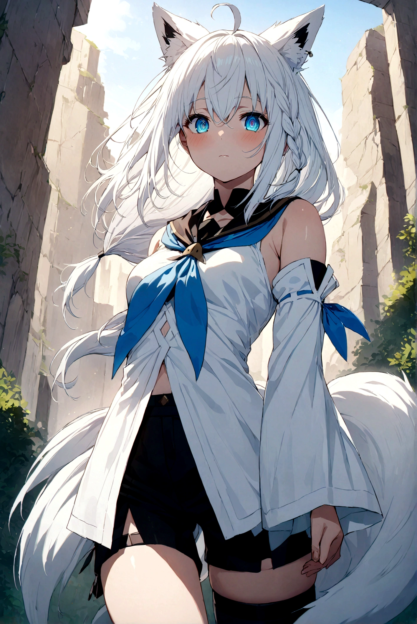 masterpiece, Best Quality, Anime, Highly detailed face, Highly detailed eyes, Highly detailed background, Perfect Lighting, fubuki_base, white blouse, detached sleeves, black shorts, blue neckerchief, thigh strap, single thighhigh, white hair, single side braid, ahoge, piercing, fox tail