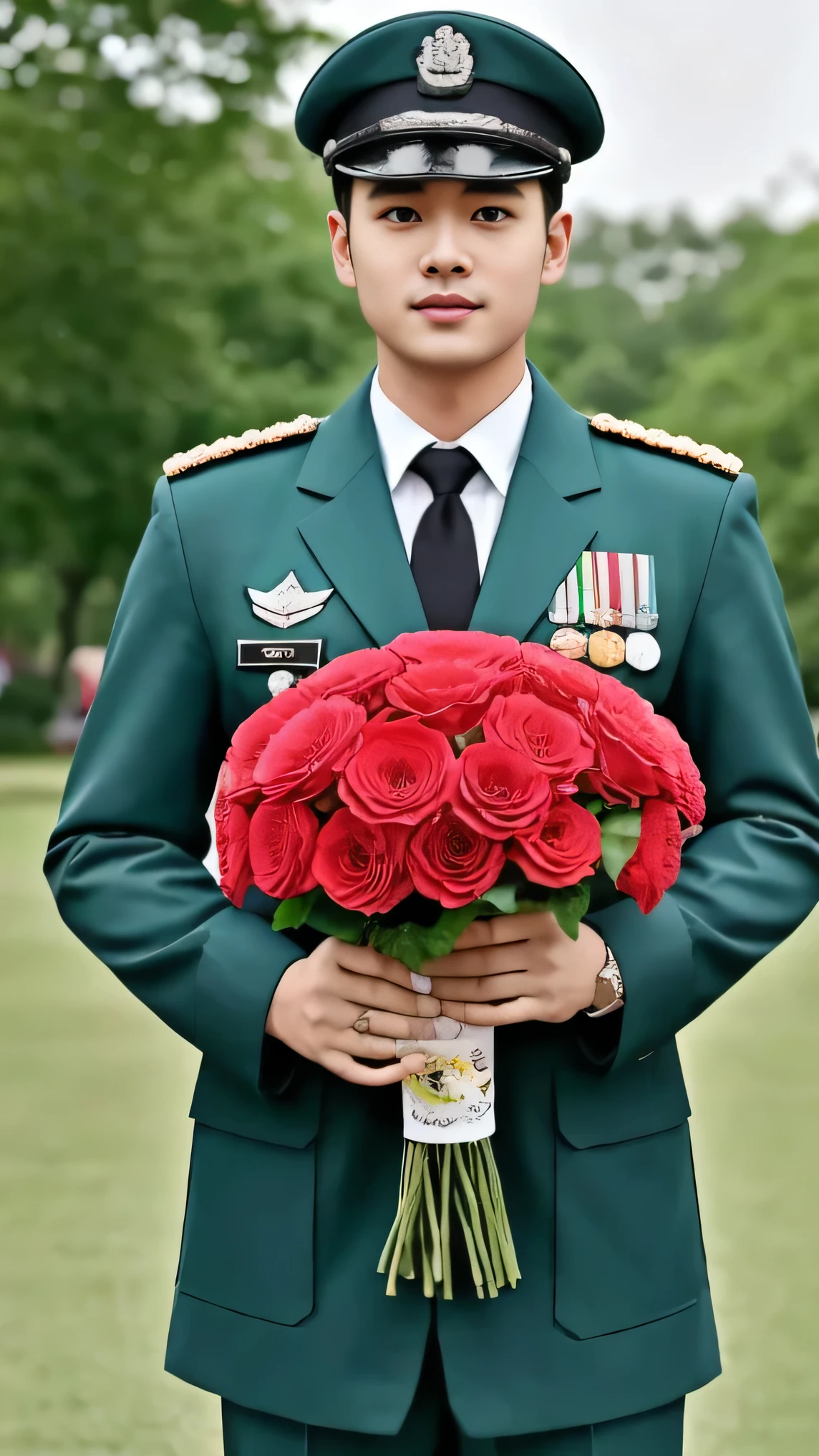 8k,（masterpiece）,Best quality,2d,Asian men,Wearing embroidered guards,Wearing military uniform,yanjun chengt,Wearing a full set of army green,officer,Unified background,Wearing a general's uniform,Topless photos,Holding carnation flowers,,Holding a big pink flower,Holding big pink flowers,Muscle Man，Handsome hairstyle，Simple background
