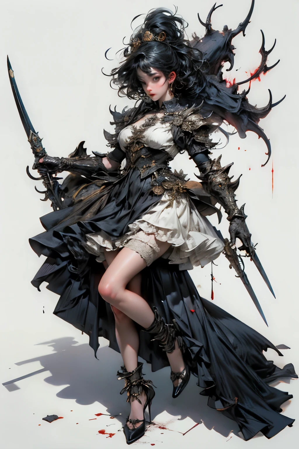 ((best quality)), ((masterpiece)), (detailed), perfect face ((best quality)), ((masterpiece)), (detailed), blank white background, plain background, white background, Bloodborne inspired, occult aesthetic, occult, detailed and intricate steampunk and detailed gothic, (zentangle, mandala, tangle, entangle), NSFW, torn clothing, Very dramatic and cinematic lighting, cosmic horror, grim-dark, side-lighting, perfect face, a beautiful goddess adorned and enshrined in armour, Bloodborne inspired , occult aesthetic , occult , detailed and intricate steampunk and detailed gothic , wielding a sword and holding a shield, NSFW, Fluttering lace flared short dress with frilly petticoats, knee length dress, pleated petticoats, lolita dress, petticoats gothic lolita, side-lighting, gothic lolita aesthetic, beautiful small breasts, small breasts, full body, whole body, body, plain background, white background, blank background, no background, white background NSFW, full body, whole body, head-to-toe