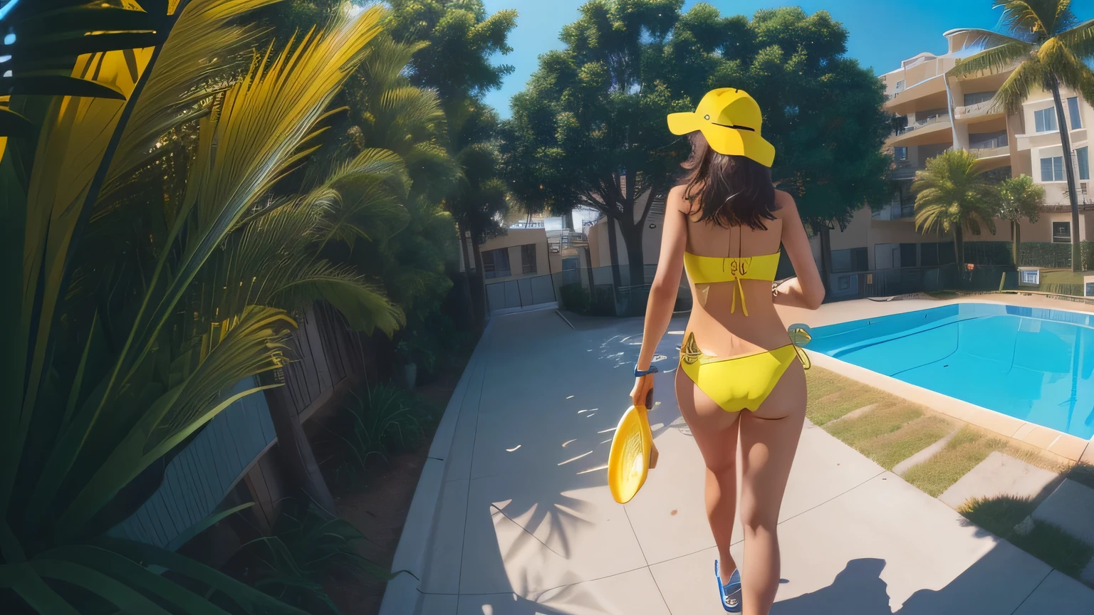 there is a woman walking down the sidewalk with a yellow frisbee, walking away from the camera, walking away from camera, shot on gopro9, taken on go pro hero8, walking towards camera, go pro footage, gopro footage, vacation photo, pov photo, next to a pool, walking towards the camera, in a yellow bikini, is wearing a swimsuit