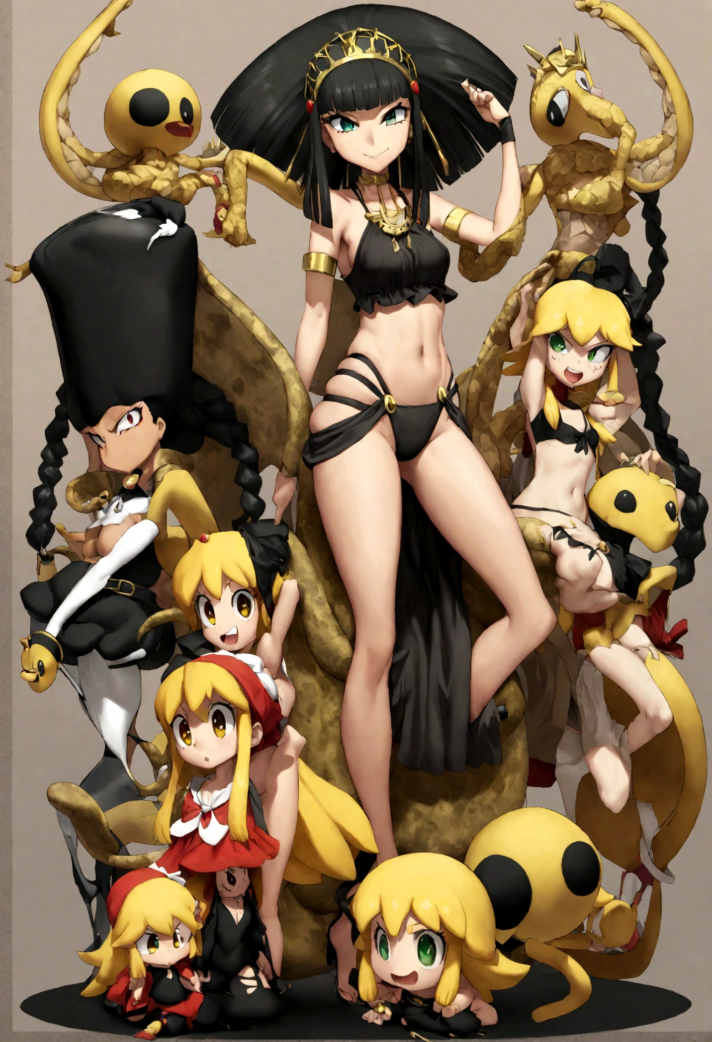 chica egipcia, piel morena, ojos amarillos, peinado de cleopatra, pelo negro, tiara de oro con adorno de serpiente, buen cuerpo, pechos grandes, trasero grande, full body and black lingerie.