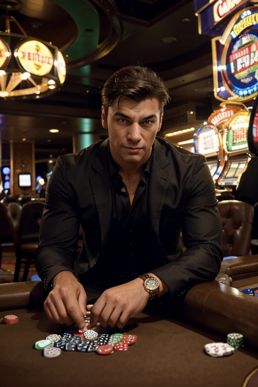 A muscular man leaning casually against a casino table. He has a confident posture, wearing a stylish suit with the top button of his shirt undone. The casino background includes poker chips, cards, and a roulette wheel, all illuminated by the bright, colorful lights of the casino. The scene exudes a sense of sophistication and excitement