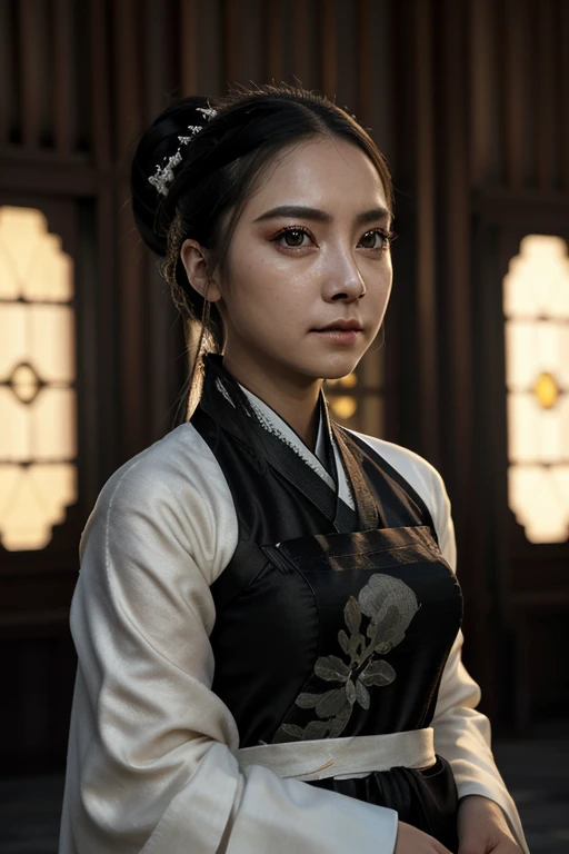1 chica,cuerpo completo,cara extremadamente detallada, Hermosos ojos detallados,luz en la cara,cinematic lighting,mirando al espectador,al aire libre,pelo negro,(arquitectura china negra:0.05),hanfu,