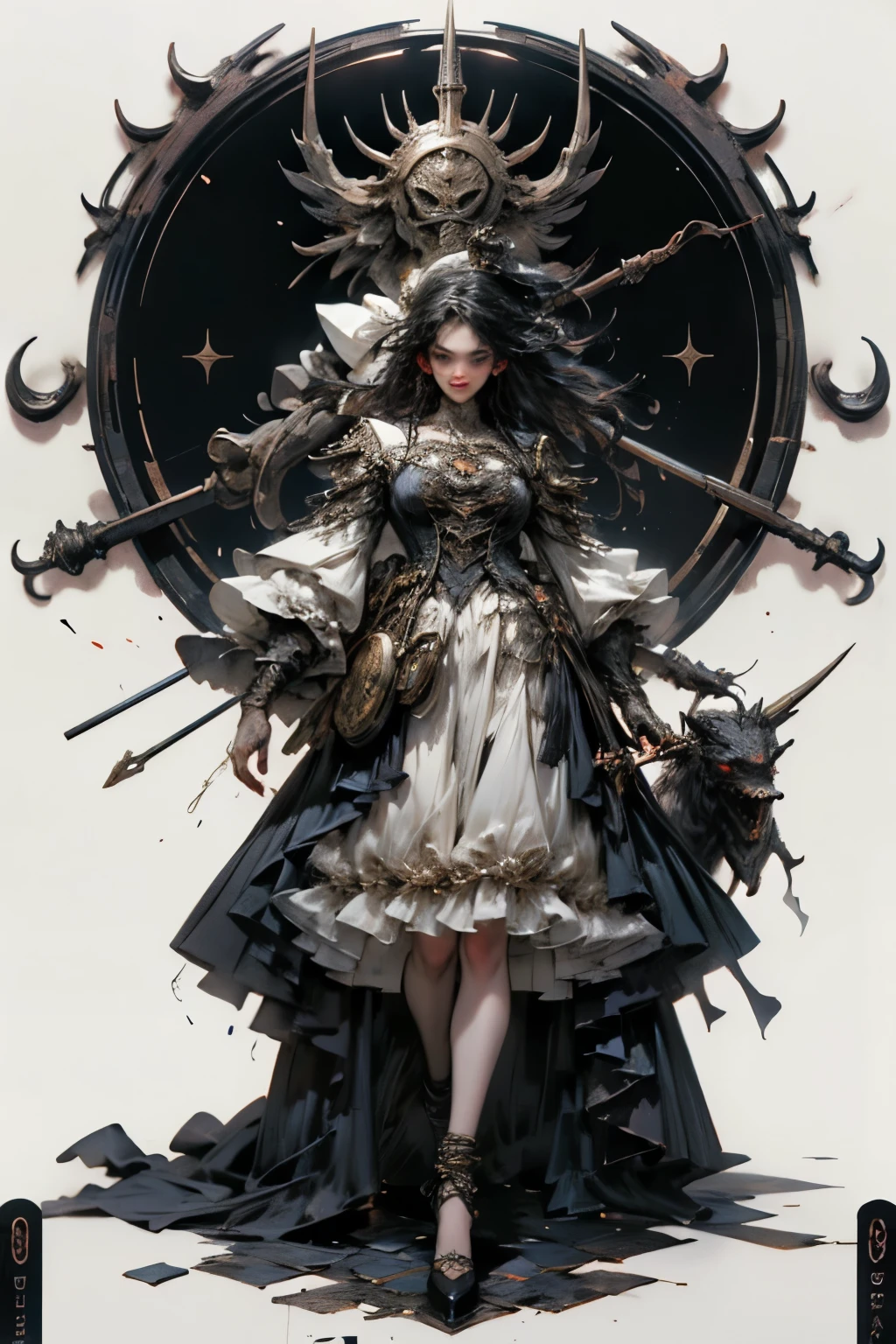 ((best quality)), ((masterpiece)), (detailed), perfect face ((best quality)), ((masterpiece)), (detailed), blank white background, plain background, white background, Bloodborne inspired, occult aesthetic, occult, detailed and intricate steampunk and detailed gothic, (zentangle, mandala, tangle, entangle), NSFW, torn clothing, Very dramatic and cinematic lighting, cosmic horror, grim-dark, side-lighting, perfect face, a beautiful goddess adorned and enshrined in armour, Bloodborne inspired , occult aesthetic , occult , detailed and intricate steampunk and detailed gothic , wielding a sword and holding a shield, NSFW, Fluttering lace flared short dress with frilly petticoats, knee length dress, pleated petticoats, lolita dress, petticoats gothic lolita, side-lighting, gothic lolita aesthetic, beautiful small breasts, small breasts, full body, whole body, body, plain background, white background, blank background, no background, white background NSFW, full body, whole body, head-to-toe