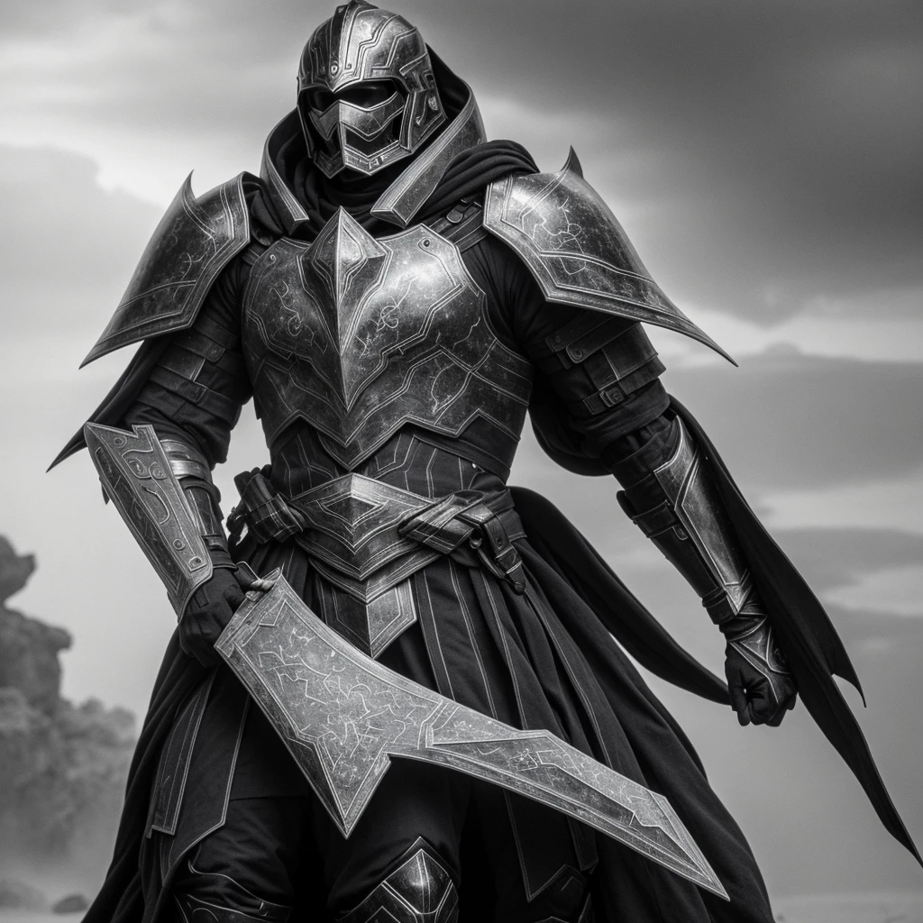 powerful big armor
masterpiece, highly detailed 8k photorealistic raw photography, best quality, low lighting and shadows
a man with futuristic spectral armor of black and white tones, surrounded by a mysterious and enigmatic aura, spectral background, white eyes, white fire comes out of his armor, black and white fire comes out around the armor, the armor is black and white, the background is an abyss with color, the armor is wearing a long tunic, the armor is large, tall and burly, spectral magic around