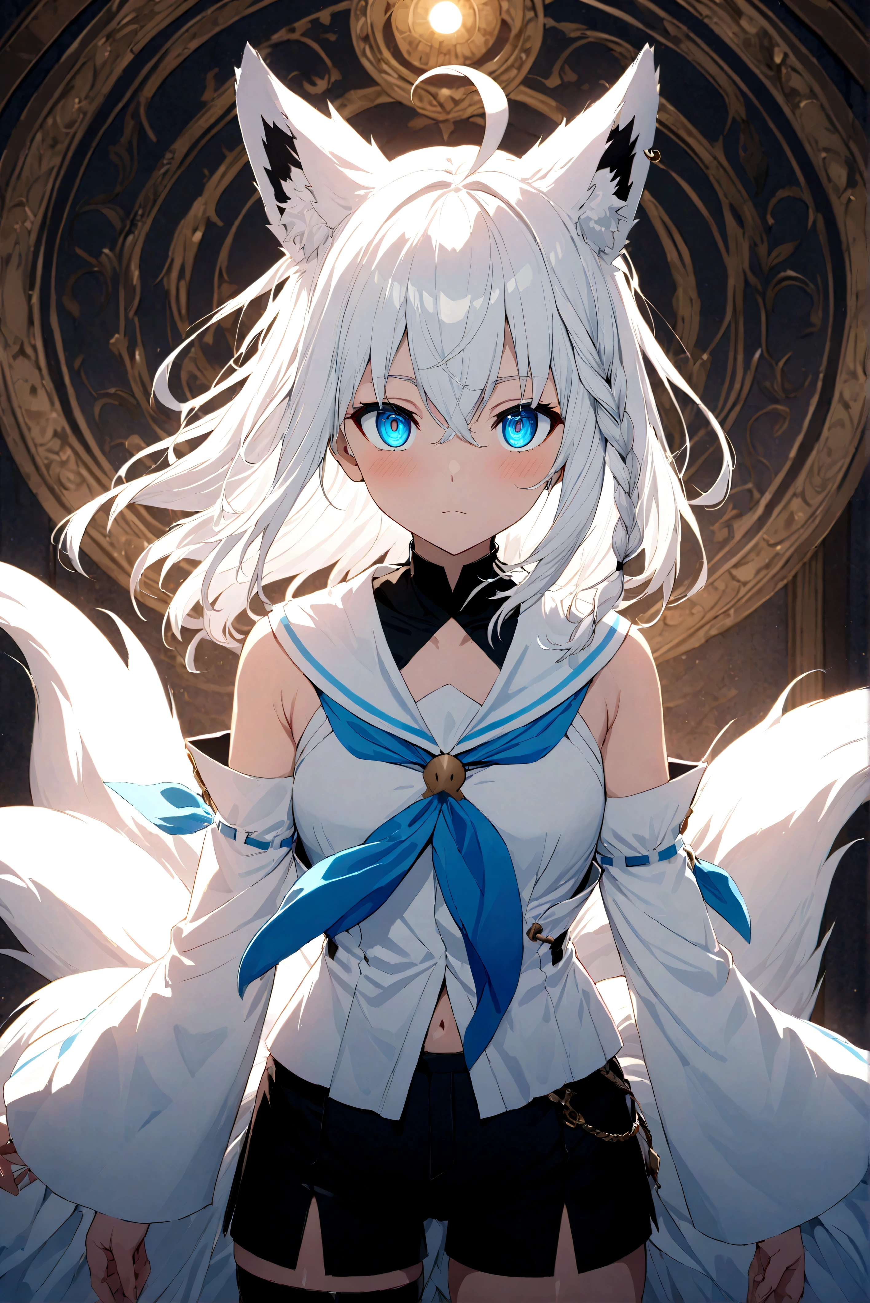 masterpiece, Best Quality, Anime, Highly detailed face, Highly detailed eyes, Highly detailed background, Perfect Lighting, fubuki_base, white blouse, detached sleeves, black shorts, blue neckerchief, thigh strap, single thighhigh, white hair, single side braid, ahoge, piercing, fox tail