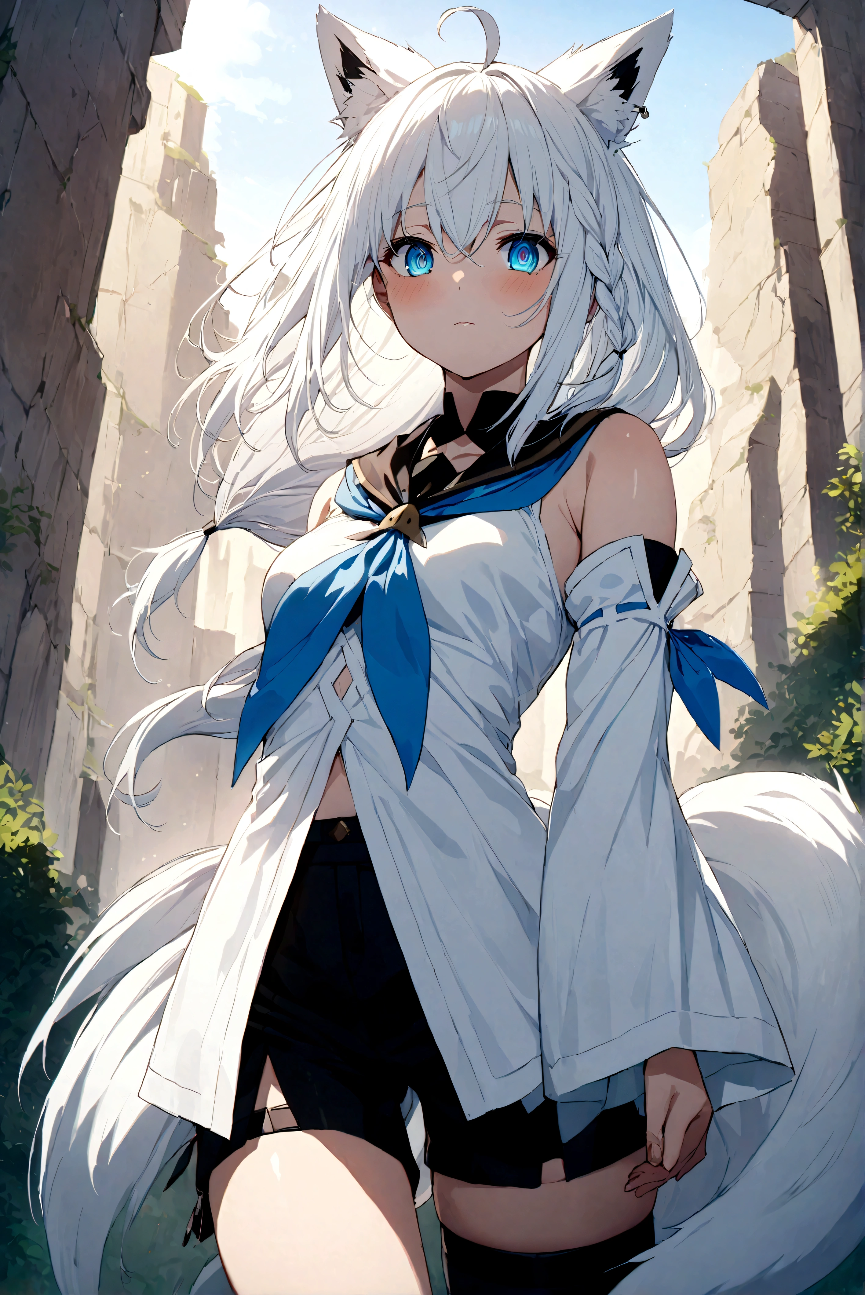 masterpiece, Best Quality, Anime, Highly detailed face, Highly detailed eyes, Highly detailed background, Perfect Lighting, fubuki_base, white blouse, detached sleeves, black shorts, blue neckerchief, thigh strap, single thighhigh, white hair, single side braid, ahoge, piercing, fox tail