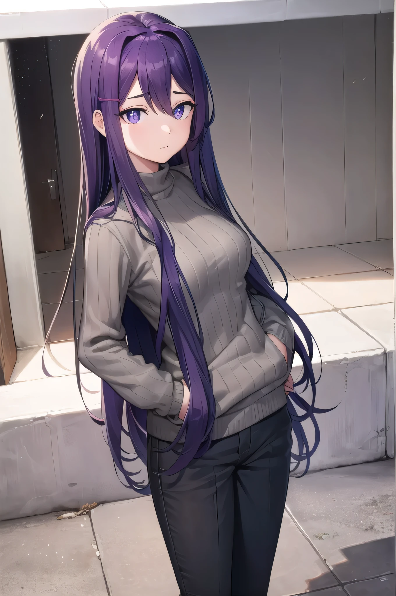 ddlcyuri, ddlcyuri, hands in pocket, hair ornament, presilha de cabelo, purple eyes, cabelo longo, (olhos roxos:1.1), cabelo roxo, shy face, cabelo sobre os olhos, QUEBRAR casual clothes, grey Sweater, minisaia, pants, ribbed Sweater, saia, Sweater, gola alta, gola alta Sweater, QUEBRAR looking at viewer, QUEBRAR indoors, sala de aula, QUEBRAR (Obra de arte:1.2), melhor qualidade, high resolution, papel de parede da unidade 8k, (illustration:0.8), (lindos olhos detalhados:1.6), rosto extremamente detalhado, perfect lighting, CG extremamente detalhado, (perfect hands, Anatomia perfeita),,