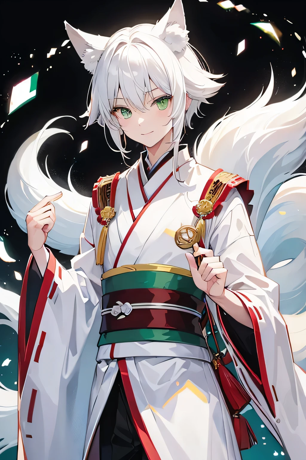 white hair, green eyes,  boy, white fox ears, white kimono, nine tail fox, masterpiece, best quality, smile