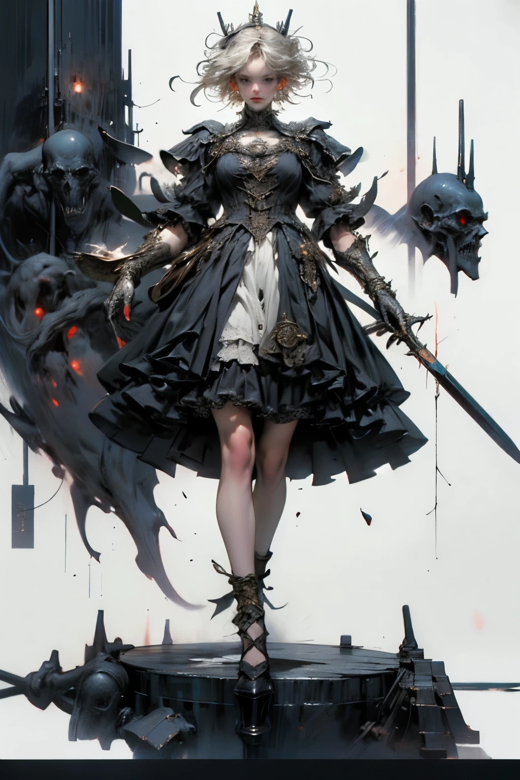 ((best quality)), ((masterpiece)), (detailed), perfect face ((best quality)), ((masterpiece)), (detailed), blank white background, plain background, white background, Bloodborne inspired, occult aesthetic, occult, detailed and intricate steampunk and detailed gothic, (zentangle, mandala, tangle, entangle), NSFW, torn clothing, Very dramatic and cinematic lighting, cosmic horror, grim-dark, side-lighting, perfect face, a beautiful goddess adorned and enshrined in armour, Bloodborne inspired , occult aesthetic , occult , detailed and intricate steampunk and detailed gothic , wielding a sword and holding a shield, NSFW, Fluttering lace flared short dress with frilly petticoats, knee length dress, pleated petticoats, lolita dress, petticoats gothic lolita, side-lighting, gothic lolita aesthetic, beautiful small breasts, small breasts, full body, whole body, body, plain background, white background, blank background, no background, white background NSFW, full body, whole body, head-to-toe