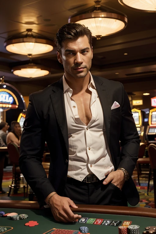 A muscular man leaning casually against a casino table. He has a confident posture, wearing a stylish suit with the top button of his shirt undone. The casino background includes poker chips, cards, and a roulette wheel, all illuminated by the bright, colorful lights of the casino. The scene exudes a sense of sophistication and excitement