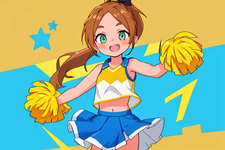 High resolution,high quality,girl１,Perfect body,Perfect Face,Perfect Fingers,Cheerleader,Golden ponytail,cowboy shot,looking at the camera,Blue sleeveless,Yellow ruffled skirt,Jump,Soccer stands
