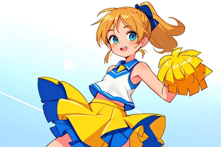 High resolution,high quality,girl１,Perfect body,Perfect Face,Perfect Fingers,Cheerleader,Golden ponytail,cowboy shot,looking at the camera,Blue sleeveless,Yellow ruffled skirt,Jump,Soccer stands
