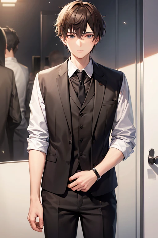 a 20 year old boy with short brown hair (standing) (black suit)