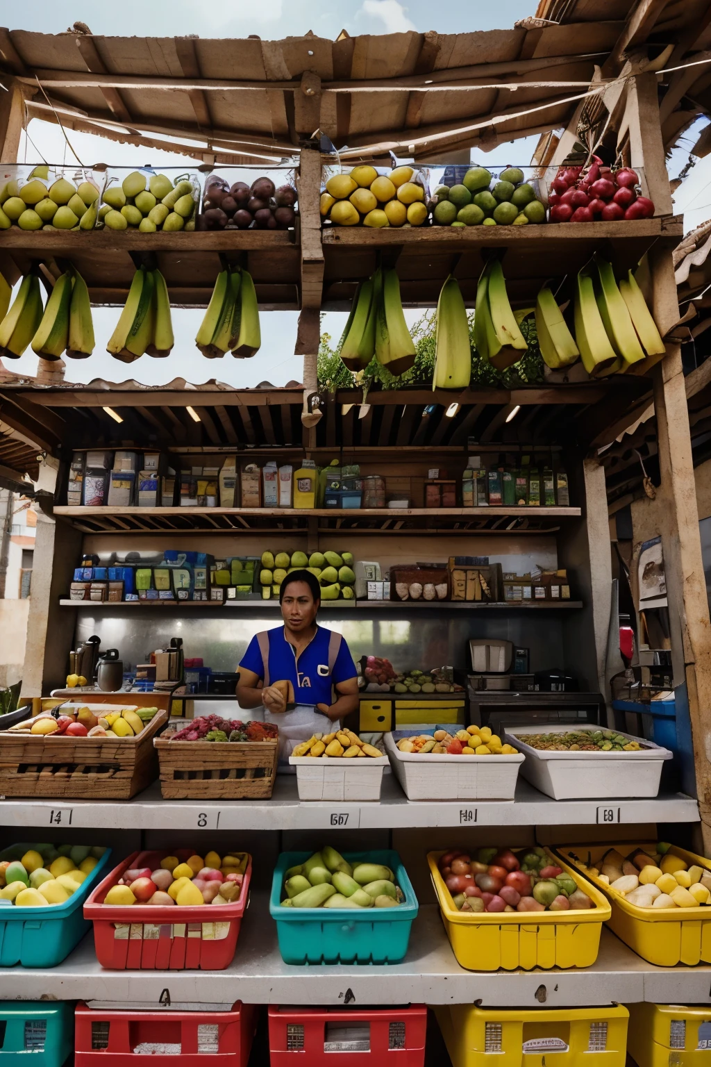 there are many bananas hanging from the ceiling of a fruit stand, puesto de frutas de colores, peruano, mexico, puesto de comida, vendedores ambulantes, Vendedor de salsa, 3 4 5 3 1, colombian, with street puesto de comidas, 2506921471, Puesto de mercado de colores, 4 0 9 6, Colombia, 278122496