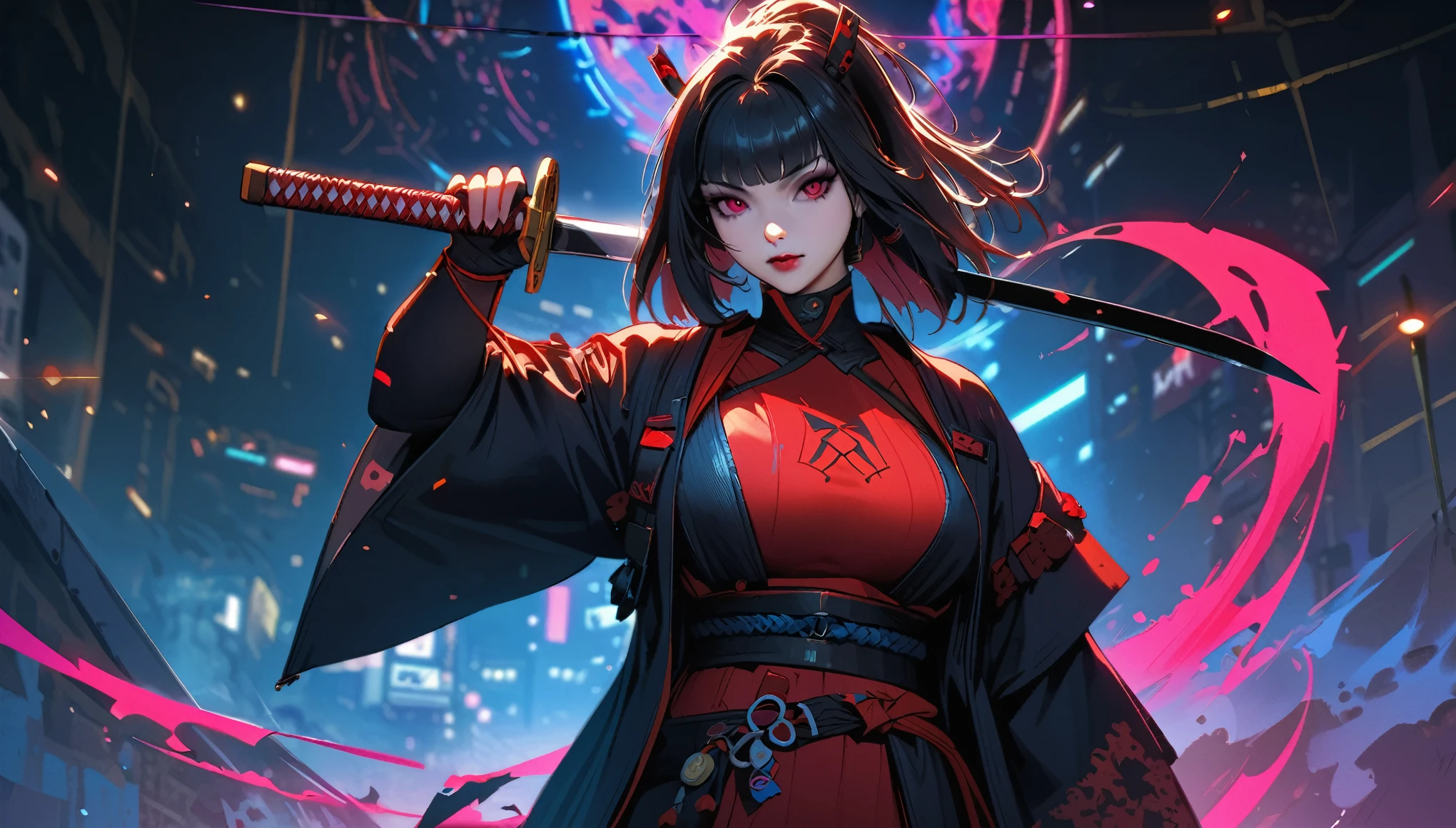 a woman in a black and red outfit holding a sword, inspired by Kanō Hōgai, very beautiful cyberpunk samurai, female samurai, by Okada Beisanjin, cyberpunk geisha, feudal japan art, artwork in the style of guweiz, katana zero video game character, by Kanō Tan&#39;yū, very beautiful, 18 years, (((masterpiece, Best quality, Raw photo, Photorealistic, Depth of field, ultra detailed, detailed face, very precise eyes))), dynamic action pose(Masterpiece), (Anime Style), (Super Detailed), (Brutal), (UHD, HDR), (8K), (High Resolution: 1.2), (Complex and Beautiful: 1.2), (Dramatic Lighting: 1.2) , (staring at the viewer), lora:add_detail:1, female necromancer, flowing white hair, detailed red eyes, skelet, Tomohiko Ito style