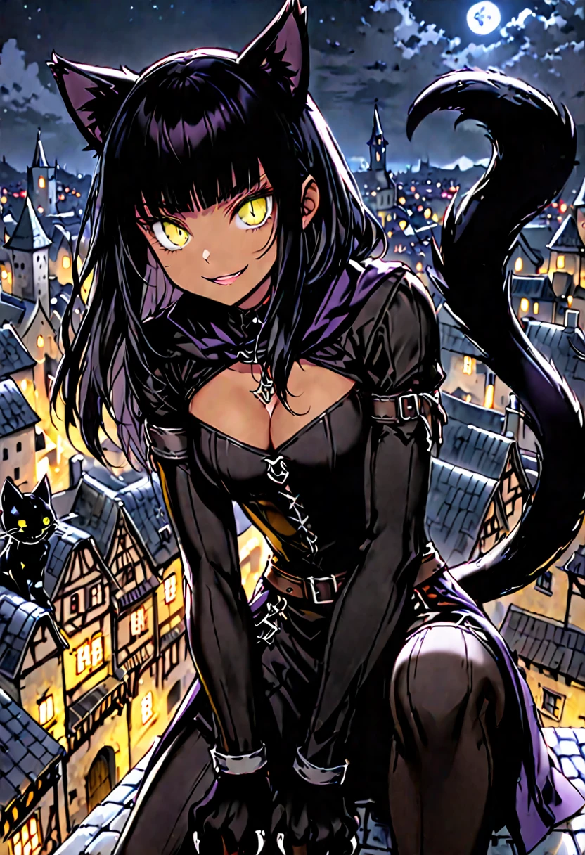female, sfw, long hair, black hair, straight bangs, black cat ears, black cat tail, furry arms, animal hands, claws, black fur, medieval, cleavage, town, yellow eyes, slit pupils, mischievous smile, tan skin, rogue, night, thief clothes, on rooftop