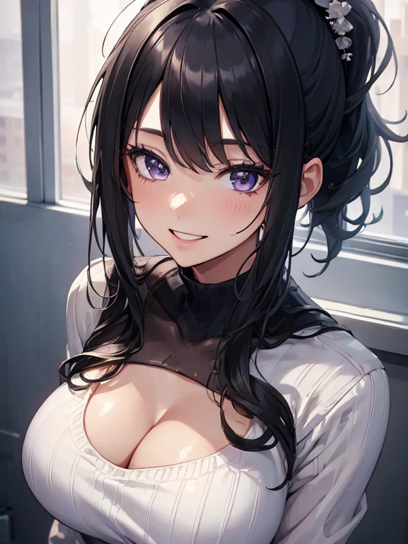 (masterpiece, best quality:1.4), 8k, Close Up, White Black ponytail Hair, Messy Hair, Young adult, anime girl, Smiling, Happy, light purple Eyes, Big chest, White sweater, (detailed eyes and face, sharp pupils, realistic pupils:0.6)