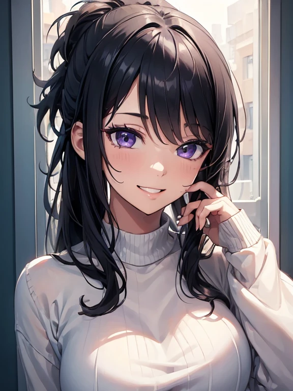 (masterpiece, best quality:1.4), 8k, Close Up, White Black ponytail Hair, Messy Hair, Young adult, anime girl, Smiling, Happy, light purple Eyes, Big chest, White sweater, (detailed eyes and face, sharp pupils, realistic pupils:0.6)