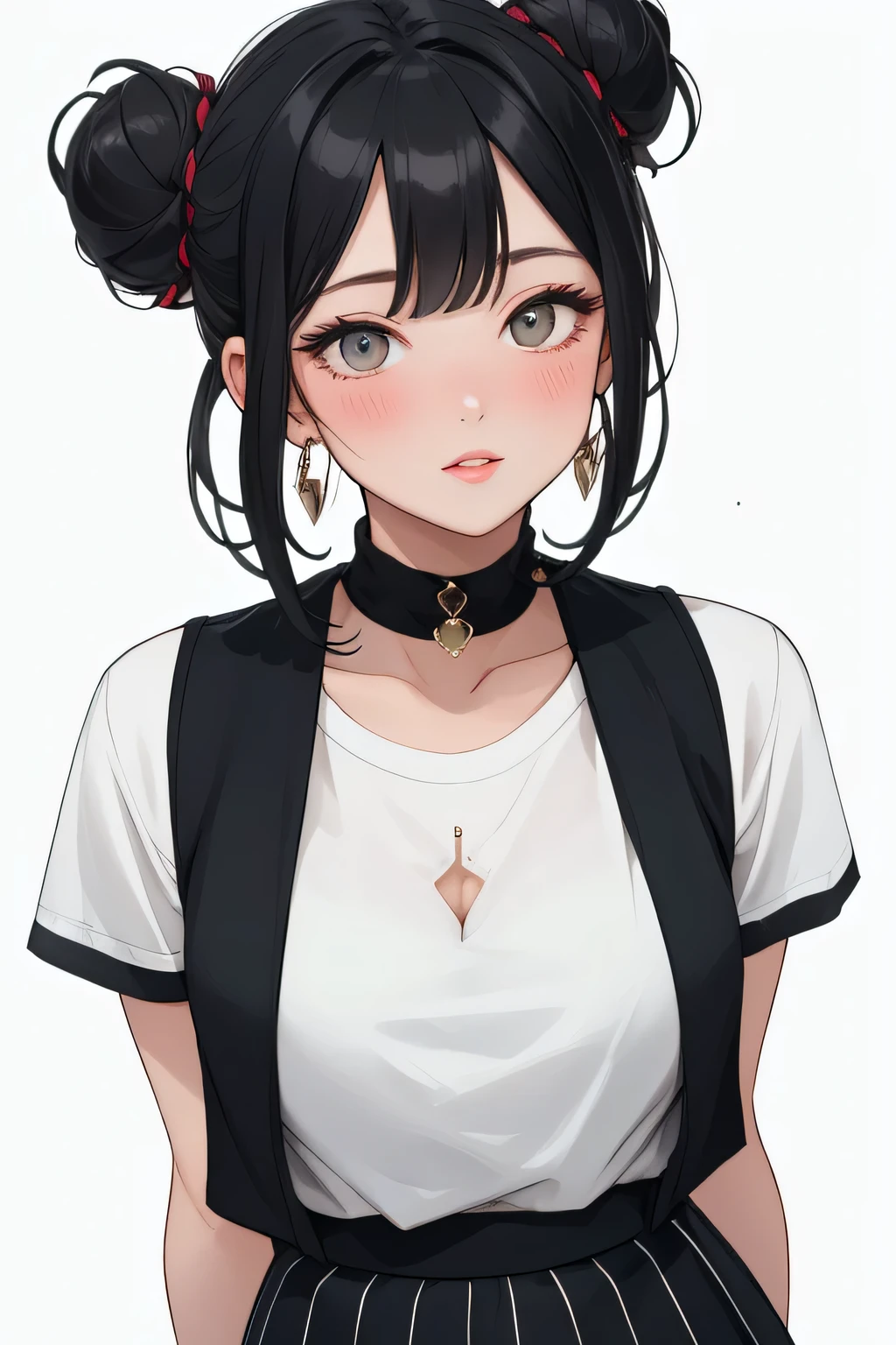 Amazing portrait of a sexy and  woman with a beautiful face with seductive eyes gazing intensely at me with her soft lips parted in anticipation of a kiss which is making her blush intensely her lips are also curved in a soft smile she has her luscious black hair in a cute bun wearing a black and white striped t shirt and a dark green skirt paired with some elegant earrings her t shirt showing her medium chest and perfect body off 