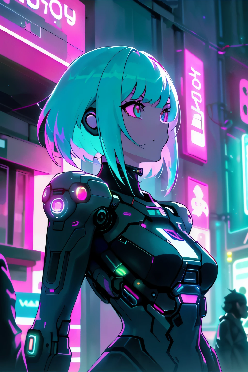 (A girl with cybernetic implants in a futuristic city at night),(neon lights, holographic advertisements, Carros voadores),(best quality,ultra-detalhado,Altas),(Cyberpunk,scientific fiction),(cores vibrantes,tons escuros), (dynamic lighting,Candeeiros de rua,sinais luminosos)
