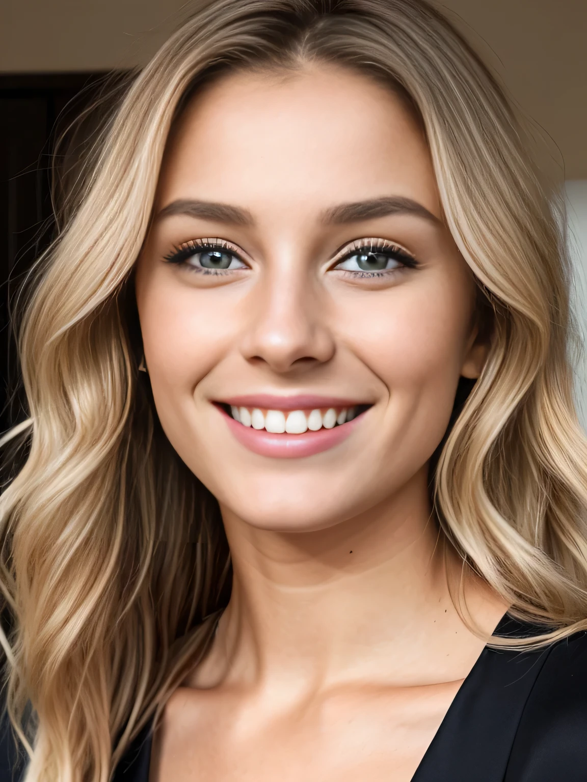 ultra realistic, femme européenne de 20 ans, blonde wavy hair, yeux fin marrons, beau sourire, regard profond, nez fin, grain de beauté, make up léger