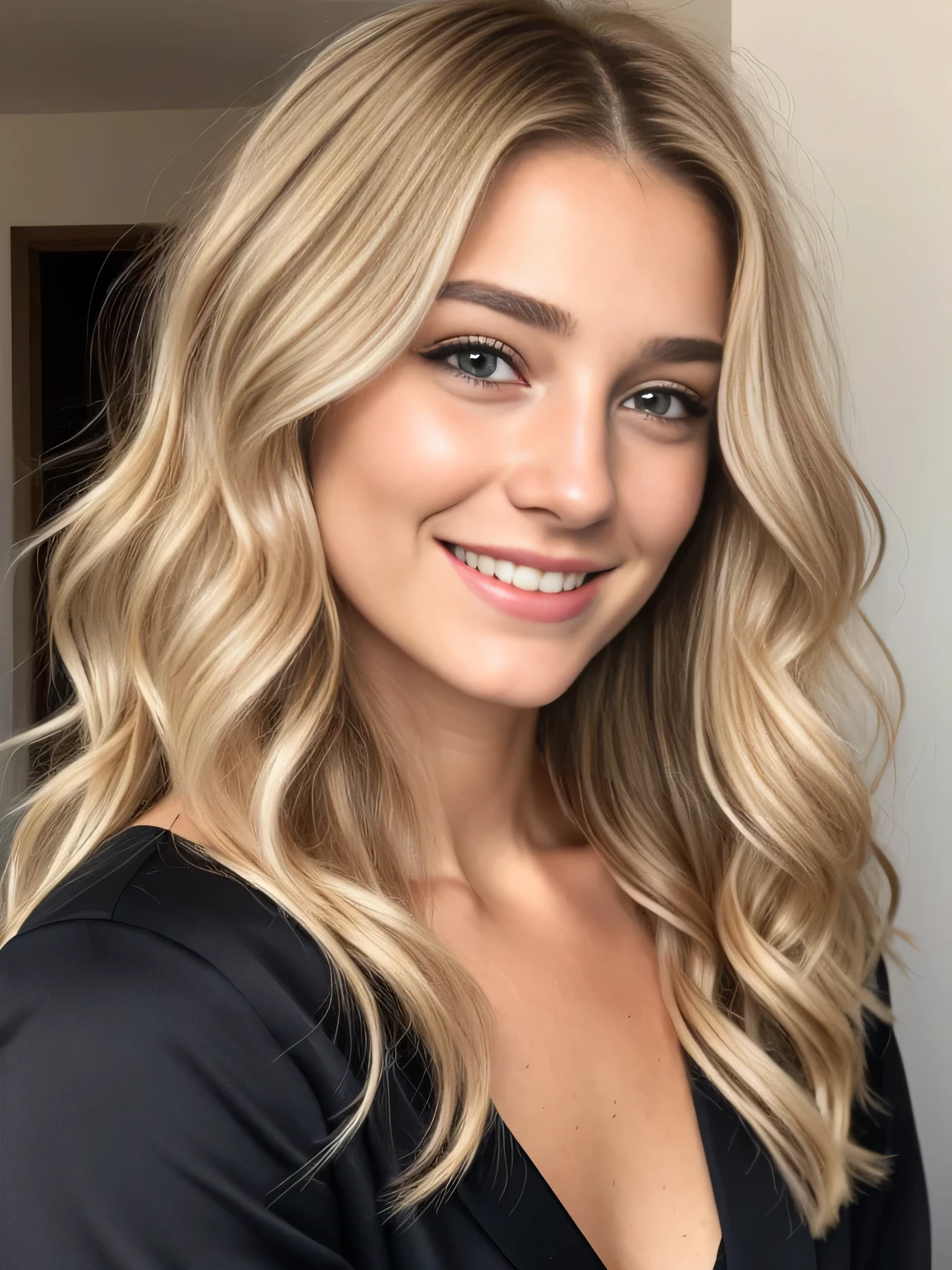 ultra realistic, femme européenne de 20 ans, blonde wavy hair, yeux fin marrons, beau sourire, regard profond, nez fin, grain de beauté, make up léger
