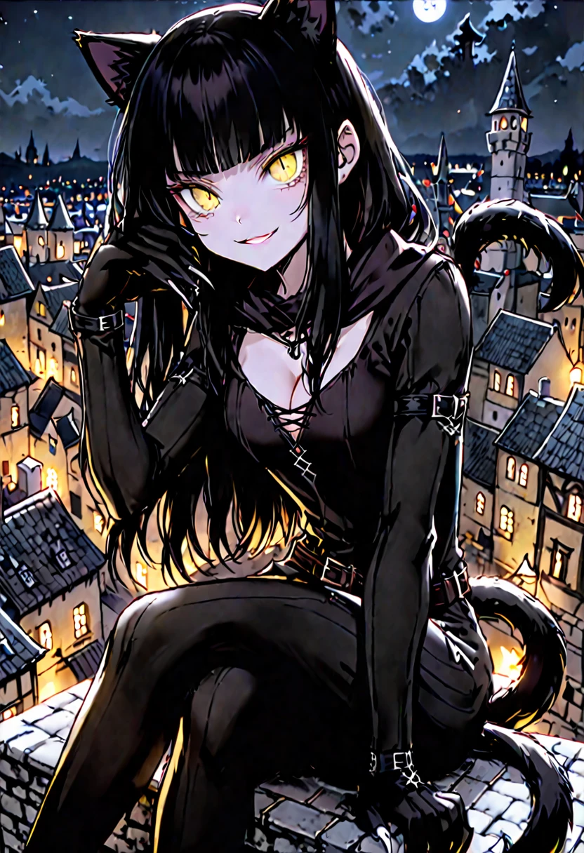 female, sfw, long hair, black hair, straight bangs, black cat ears, black cat tail, furry arms, animal hands, claws, black fur, medieval, cleavage, town, yellow eyes, slit pupils, mischievous smile, light skin, pale skin, rogue, night, thief clothes, on rooftop