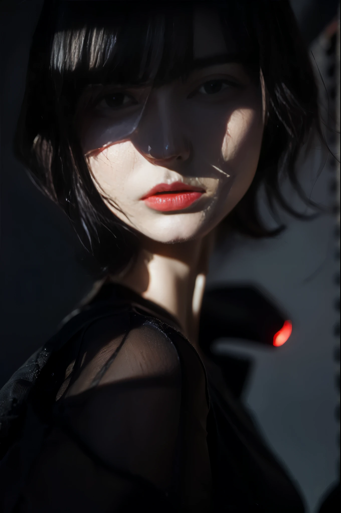 (High resolution,Practical) Short hair girl,skirt, Beautiful demon woman from hell, (in the darkness: 1.6), Very rich facial details，Red-black lips,，rugged, Moderate: Detailed facial features, Determine the expression, Dark background