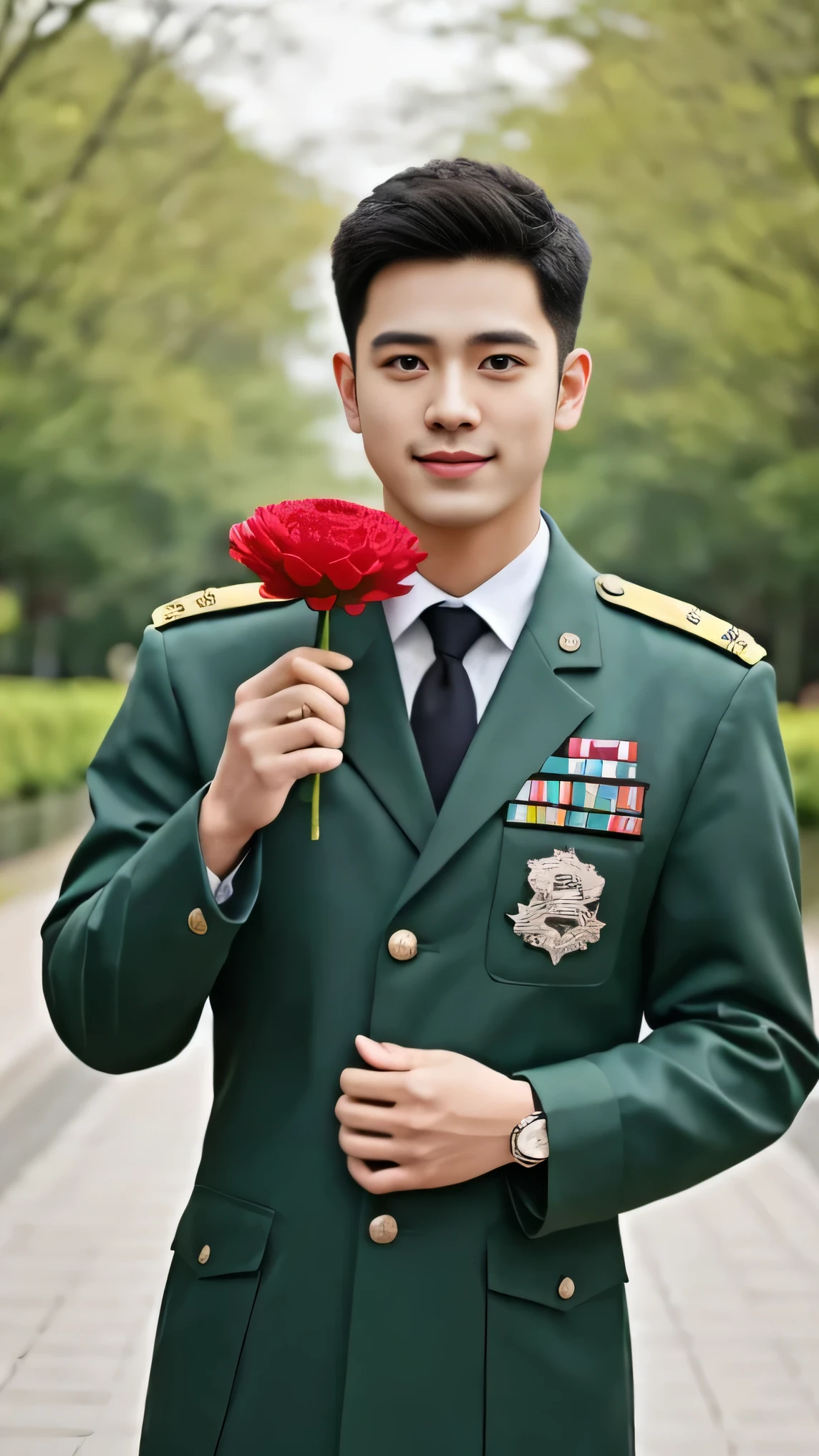 4k, (masterpiece), best of quality, 2d, arafed man in a posing for a picture, Wearing Uniform,, Embroidered uniform guard, Wearing military , yanjun chengt, Dressed in full military green, officer, Unified background, Wearing a general\of,Upper body unobstructed photos,Green Clothing,Hands holding carnation flowers,Happy Mother's Day,Holding a big pink flower in hand,Hands holding pink big flowers,