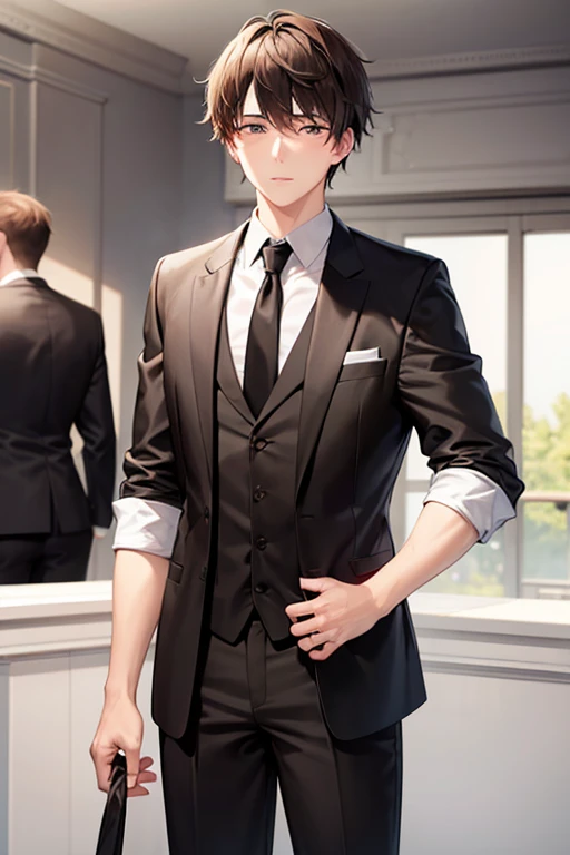 a 20 year old boy with short brown hair (standing) (black suit) (getting married)