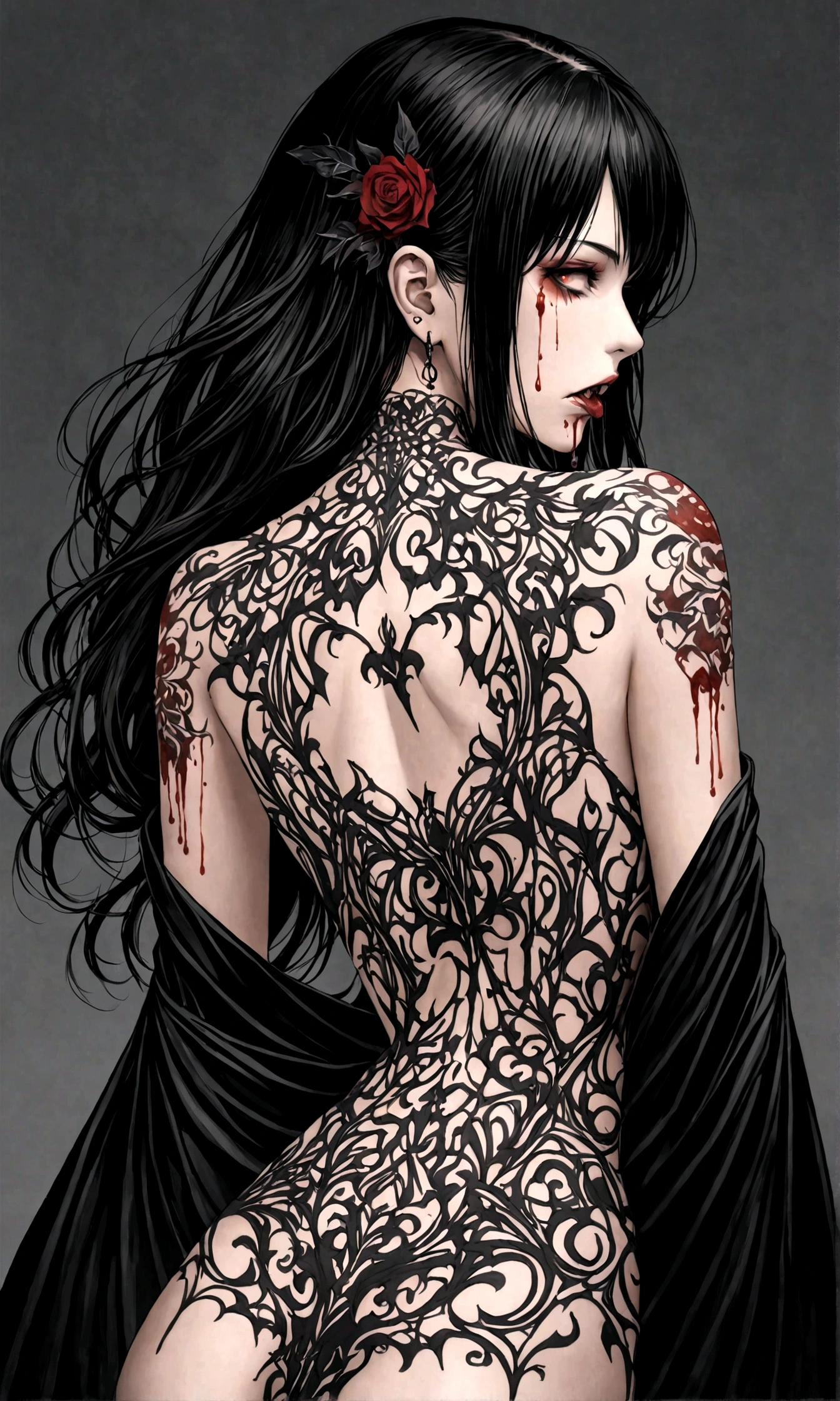 Arafed, Dark fantasy art, fantasy art, goth art, a picture of a ((tattoo: 1.5)) on the back of a female vampire, ((a fanged mouth dripping blood tattoo: 1.5)) (intricate details, best quality, masterpiece: 1.5), on the back of the vampire, the tattoo is vivid, intricate detailed coming to life from the ink to real life, shot taken from the back, ((the back is visible: 1.3), she wears a transparent black dress, bare back, the dress is elegant, flowing, gothic style dress, dynamic hair color, dynamic hair style,