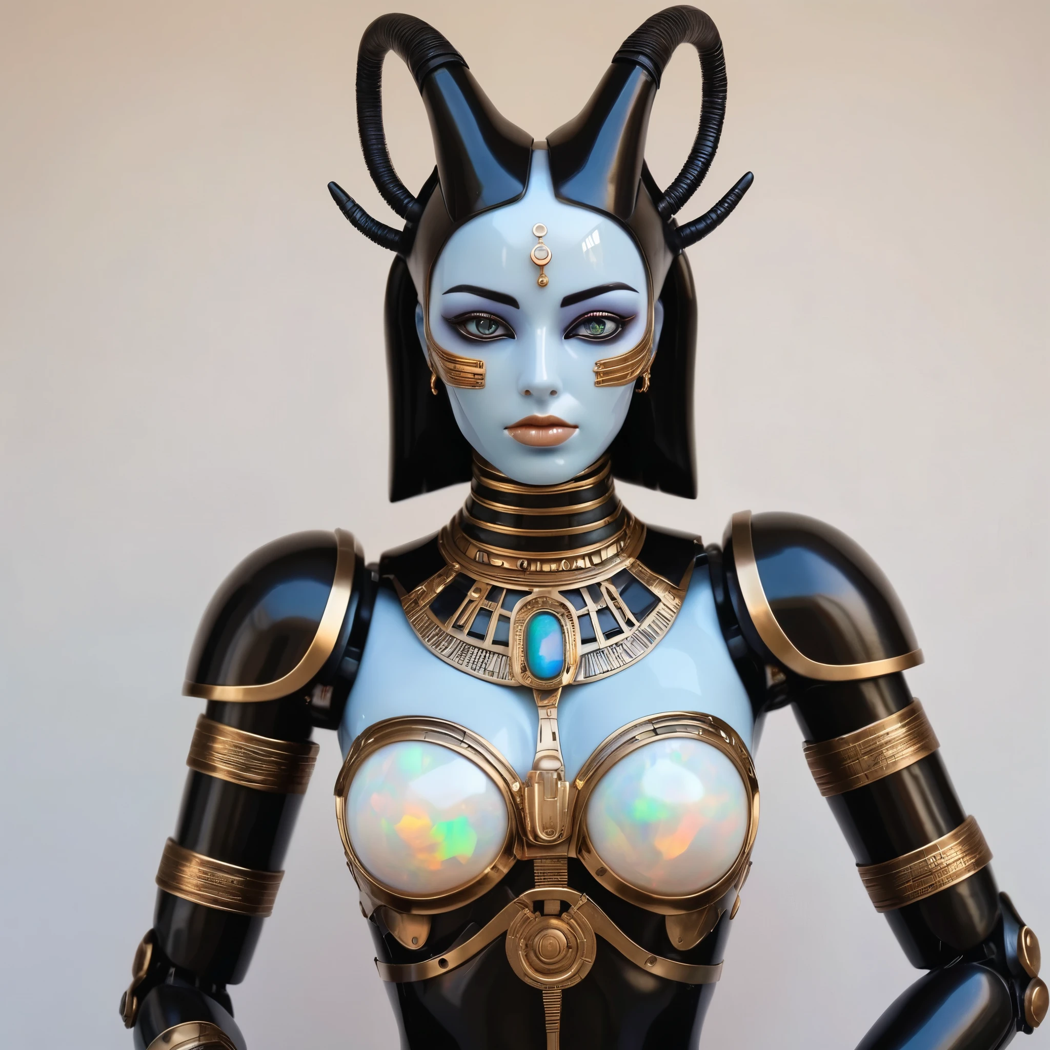 ral-opal, meahophontron, cuerpo completo, Cara de robot mujer, busto, egypt theme, demonio negro.