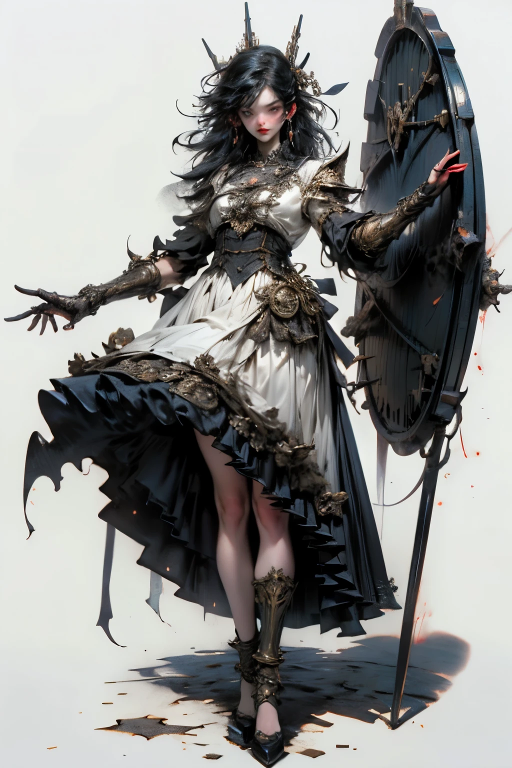 ((best quality)), ((masterpiece)), (detailed), perfect face ((best quality)), ((masterpiece)), (detailed), blank white background, plain background, white background, Bloodborne inspired,  occult aesthetic, occult, detailed and intricate steampunk and detailed gothic, (zentangle, mandala, tangle, entangle),  NSFW, torn clothing, Very dramatic and cinematic lighting, cosmic horror, grim-dark, side-lighting, perfect face, a beautiful goddess adorned and enshrined in armour, Bloodborne inspired , occult aesthetic , occult , detailed and intricate steampunk and detailed gothic , wielding a sword and holding a shield, NSFW, Fluttering lace flared short dress with frilly petticoats, knee length dress, pleated petticoats, lolita dress, petticoats gothic lolita, side-lighting, gothic lolita aesthetic, beautiful small breasts, small breasts, full body, whole body, body, plain background, white background, blank background, no background, white background NSFW, full body, whole body, head-to-toe