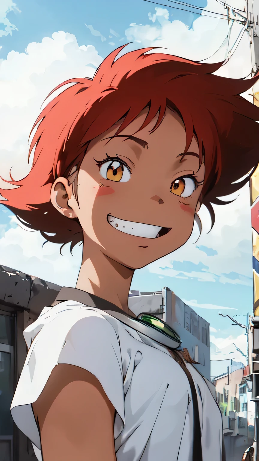 (Radical Ed:1.5), (Edward Wong Hau Pepelu Tivrusky IV), red hair, (Green goggles), white shirt, A once-in-a-millennium masterpiece, A photo you will never get again, Inexplicable high resolution, The cutest girl in the world, Ultra high definition eyes, Eyes that seem to draw you in, Jewel-like eyes, Extreme close up, very slender, clavicle, 8-year-old, spaceship on the background, blue sky, grin, shoulder