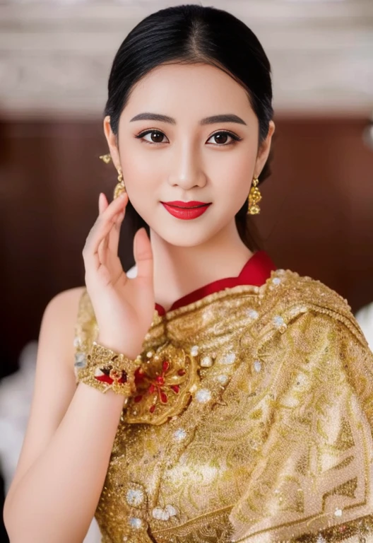 Asian woman Arav in red dress and red bow tie, Ao Dai, traditional chinese, My Anh Tran, wearing red dress, Red dress, wearing a red Cheongsam, Chinese woman, Chinese girl, amazing, Wearing a red captain's uniform, fan art, In Lammanh style, Japanese model, Cheongsam, Miko