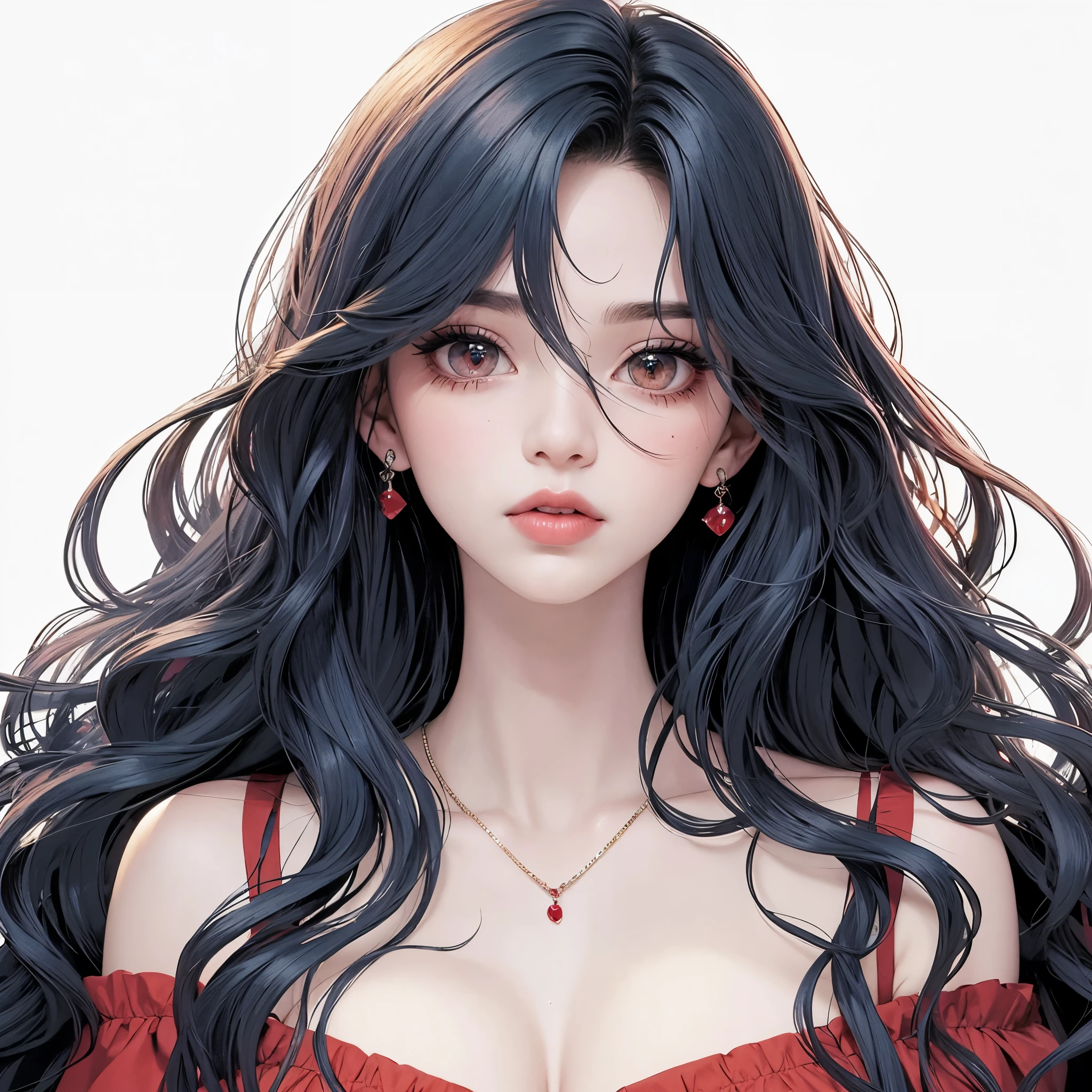mulher branca corada com um corpo definido, cabelo longo ondulado de Rapunzel azul marinho escuro com uma longa franja ondulada no lado direito, slanted eyes with medium lashes with red shading and blood-red irises, mouth with full lower lip with red gloss, vestido em camadas feito de tecido leve na cor vermelha 