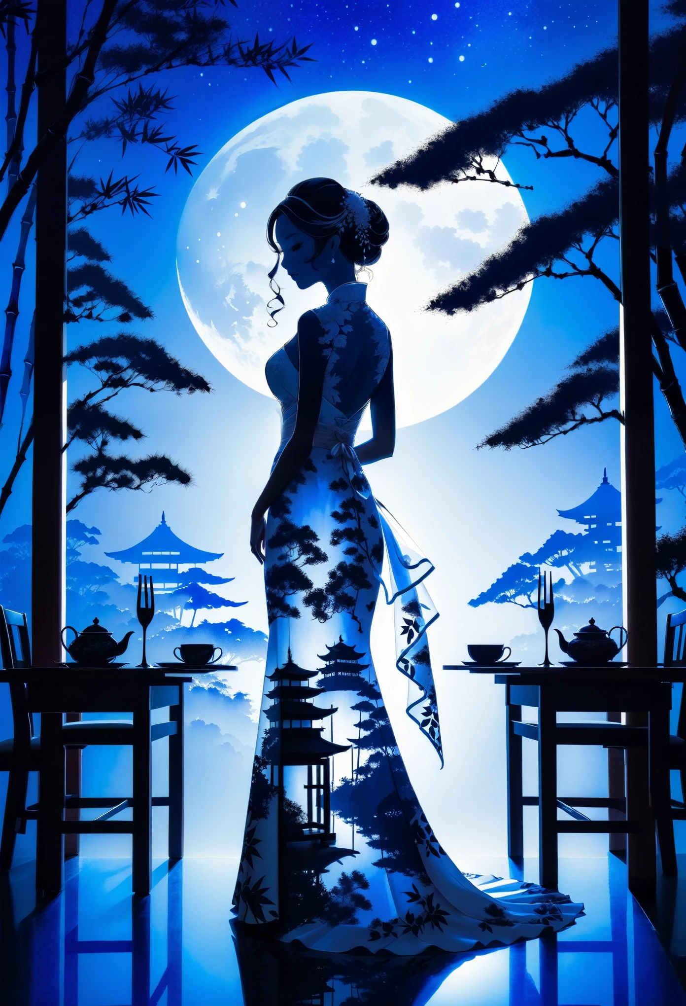 (((silhouette art:1.4))), 1Bride attire, (Double Exposure:1.3), Silhouette of a bride in a wedding dress standing alone at a restaurant wedding overlooking a Japanese garden with a bamboo forest, blue Moon, (Close-up), improve, complex, (best quality, masterpiece, representative work, official art, professional, unified 8k wallpaper:1.3)