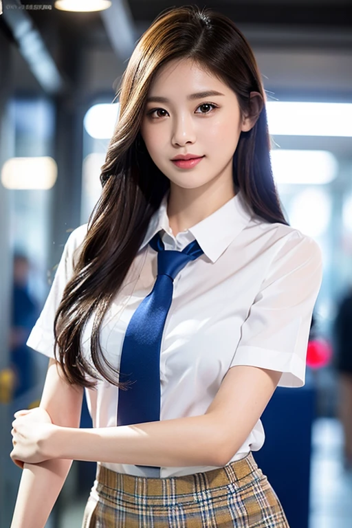 1girl,beautiful detailed eyes,beautiful detailed lips,extremely detailed eyes and face,longeyelashes, slender figure,33-25-34 inches,168cm height,youthful smooth complexion,small delicate nose,expressive eyes,friendly approachable smile,glossed lips,high ,white short-sleeve blouse,plaid tie,plaid skirt,classic pattern,red blue yellow,confident poised,Bokeh Singapore MRT train,night,clean up Osaka zero emission initiative ambassador founder philanthropist,(best quality,4k,8k,highres,masterpiece:1.2),ultra-detailed,(realistic,photorealistic,photo-realistic:1.37),HDR,UHD,studio lighting,ultra-fine painting,sharp focus,physically-based rendering,extreme detail description,professional,vivid colors,bokeh