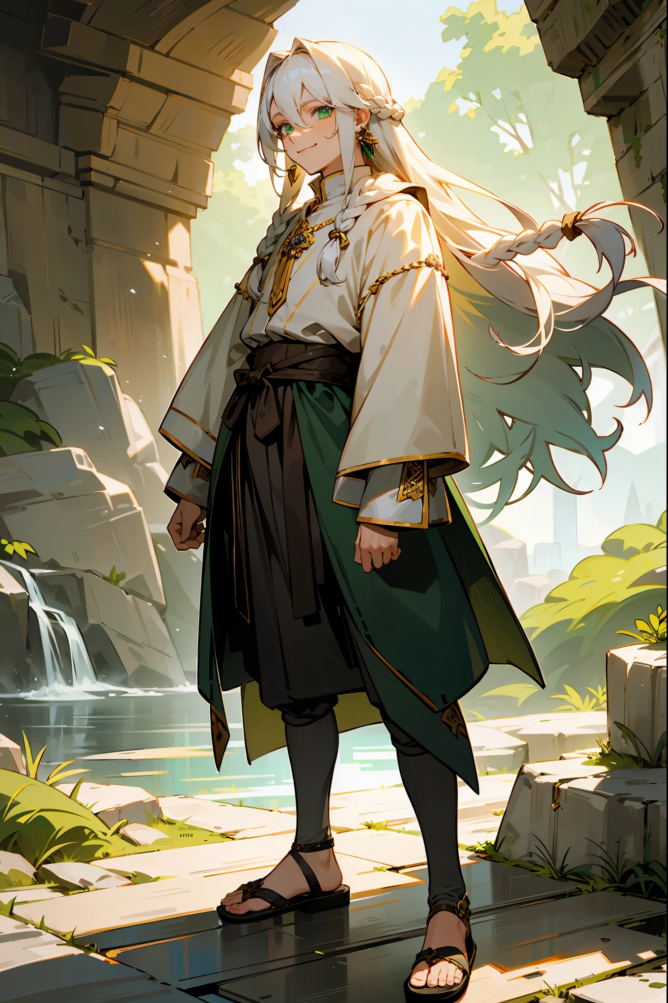 1male, Long White Hair, Green Eyes, Sandals, Cave, Perfect Generation, Masterpiece Quality, Earrings, Medieval Clothing, Casual Clothing, Smile, Detailed Face, Side Braid