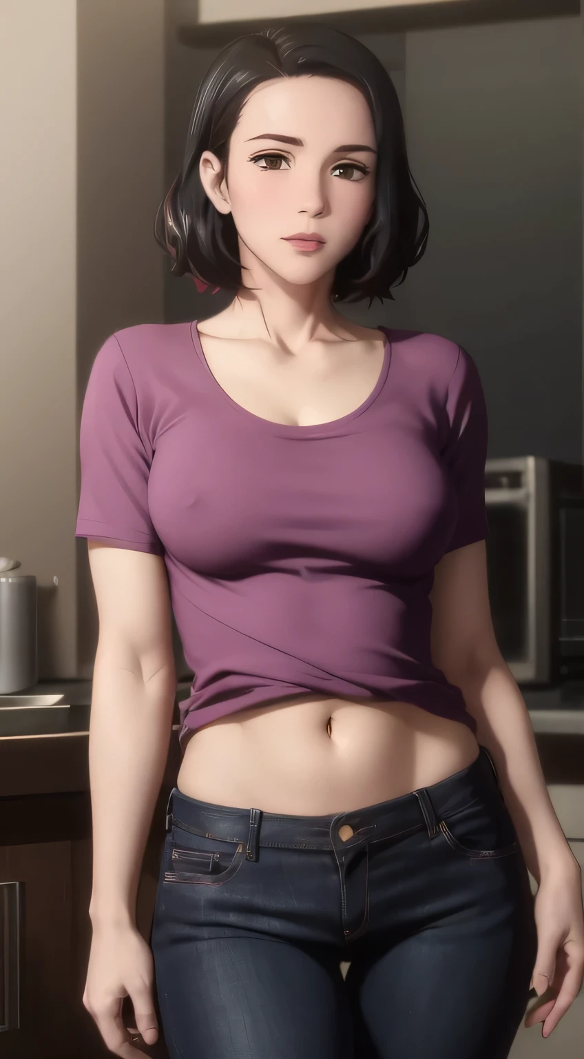 (best quality:1.3), (4k quality),(sharp image), Yoshino, ((Detailed face)), ((masterpiece face)),((perfect detailed eyes)) (blush), Yoshino, black hair, (short black hair), brown eyes, pink lips, pink lips, sly face, face with stern features, ((detailed face)), perfect face, highly detailed eyes, ((adult face)), masterpiece, absurdres , (intricate details), (colorful),cinematic lighting, extremely detailed CG unity 8k wallpaper , 1girl, solo, mature female, erected tits, fit body, cameltoe, red t-shirt, tight blue jeans with belt, at the kitchen, shy smile, ((perfect erected small breast)), fit slim body, (((standing and showing her nude tits under her t-shirt)))