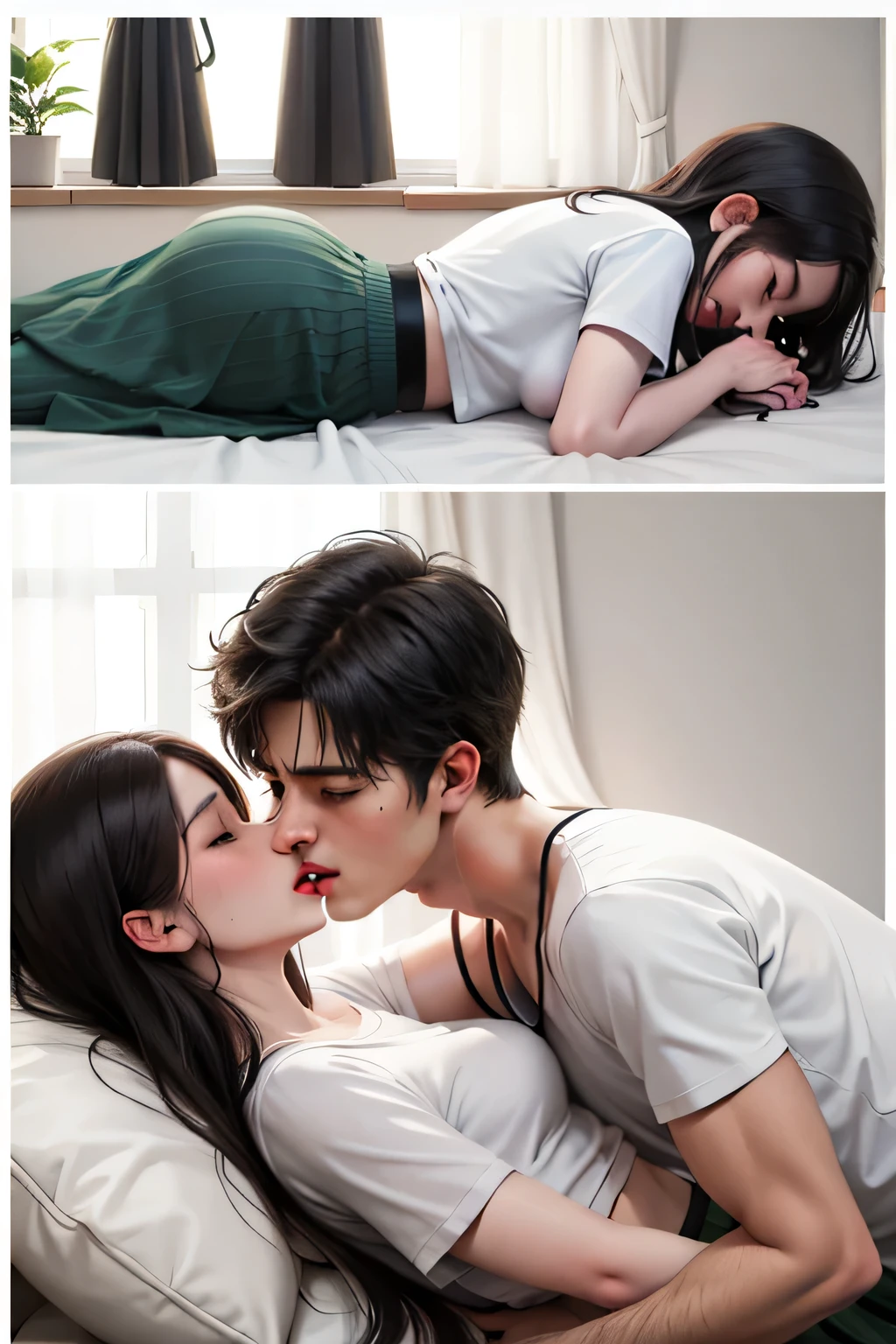 Amazing portrait of a sexy and  woman  wearing a black and white striped t shirt and a dark green skirt kissing and making out passionately with a shirtless boy on the bed in an intimate setting