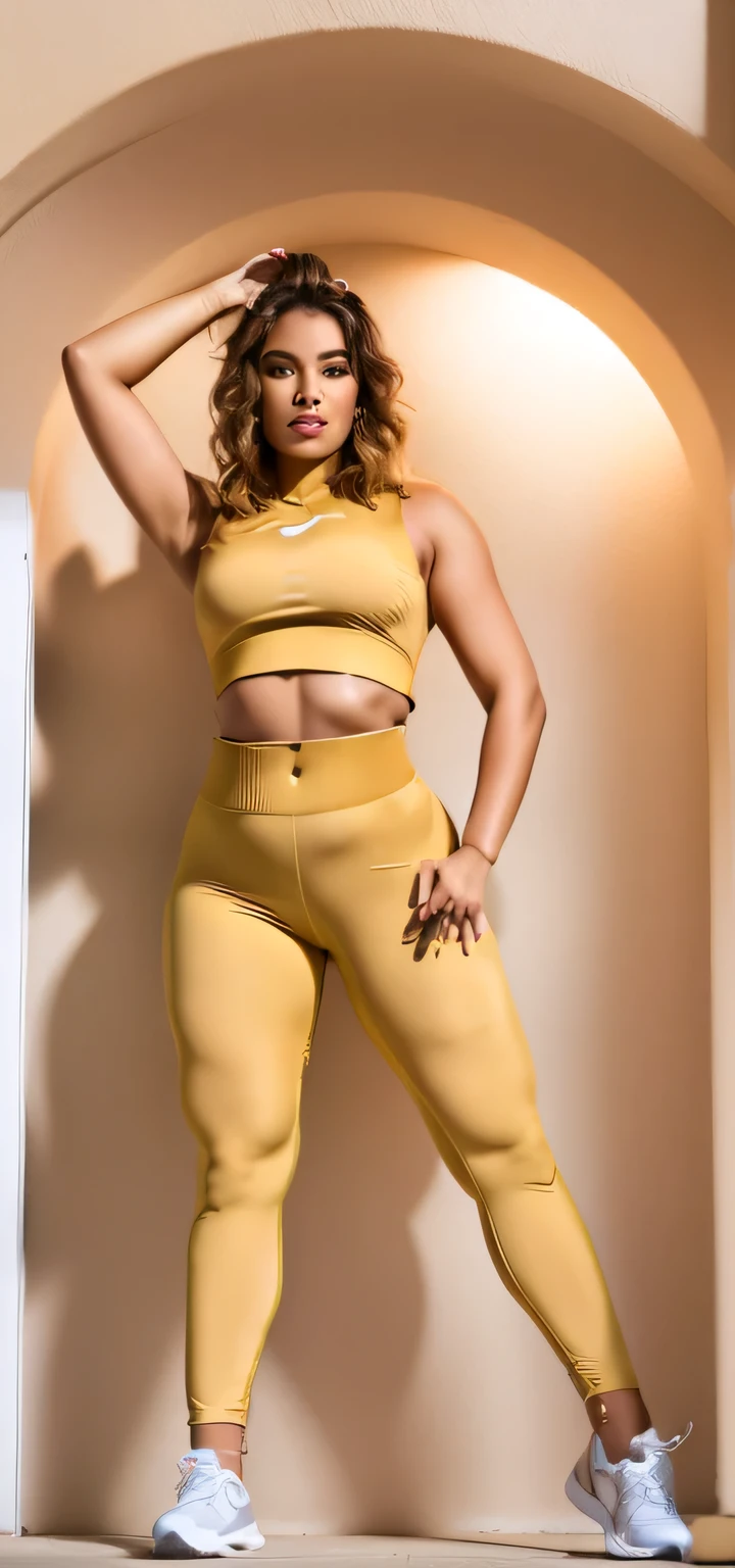 araffe woman in a tan sports suit in chiffon transparent posing for a picture, thicc, lorena avarez, tight outfit, two piece workout clothes, cottagecore!! fitness body, fit curvy physique, fit, women full body, toned shape, tight attire, fit woman, toned, full body picture, fit body, olga buzova, cl