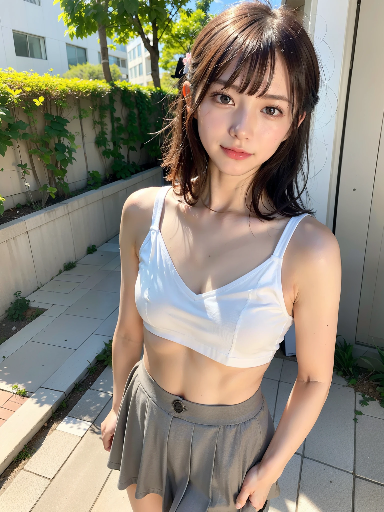 ((Best of the highest quality, 8k, Masterpiece, raw photo: 1.2)), Sharp focus: 1.2, (1 AESPA, slim body type female, 21 y/o: 1.1), (Solo: 1.28), (realistic, photo-realistic:1.37), face focus, cute face, finely eyes, (small breasts, flat chest, Thigh: 1.3), (short messy hair, bangs, updo: 1.28), (bra top, skirt: 1.32), (ribbon:1.2), walking terrace dinning, sun light, flower,