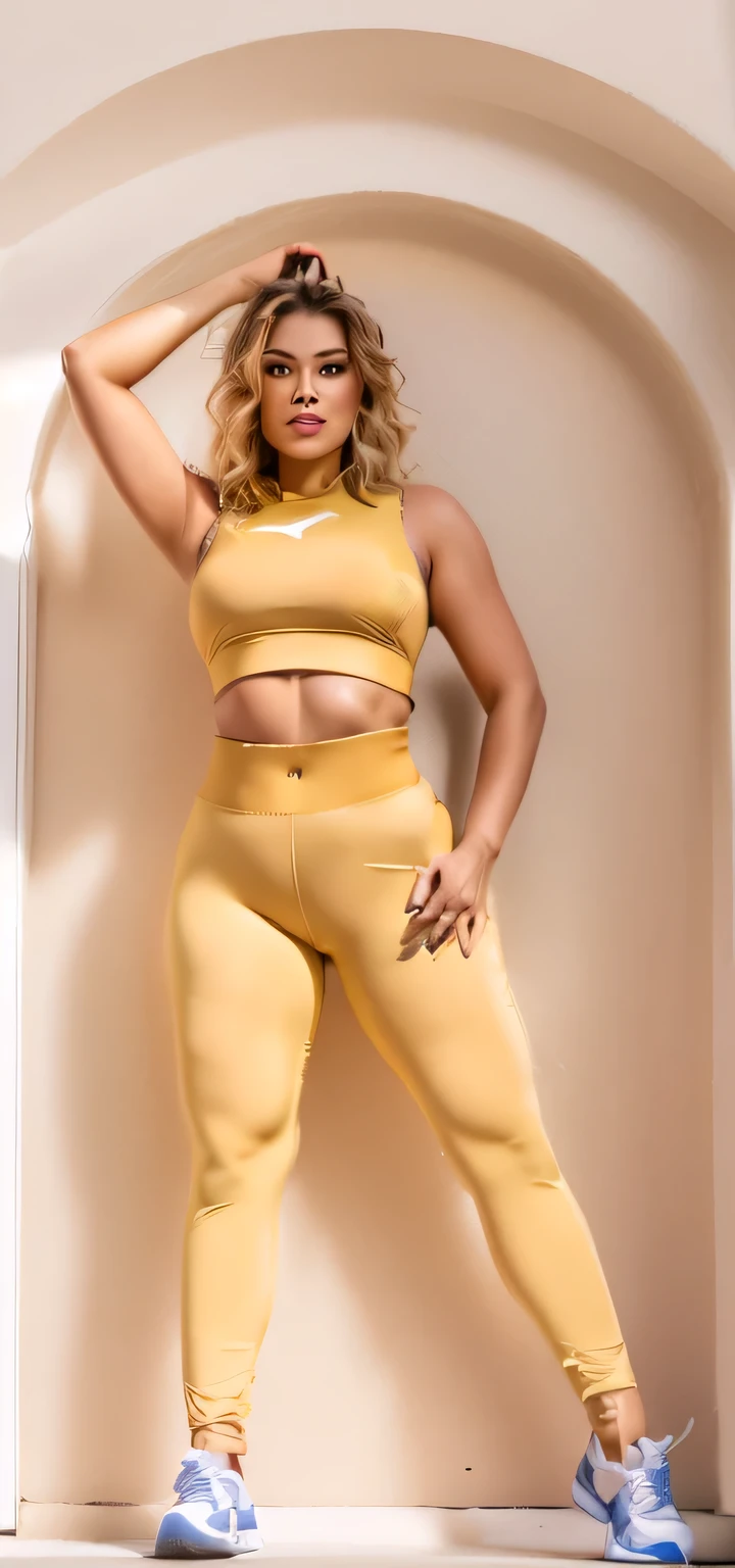 araffe woman in a tan sports suit in chiffon transparent posing for a picture, thicc, lorena avarez, tight outfit, two piece workout clothes, cottagecore!! fitness body, fit curvy physique, fit, women full body, toned shape, tight attire, fit woman, toned, full body picture, fit body, olga buzova, cl